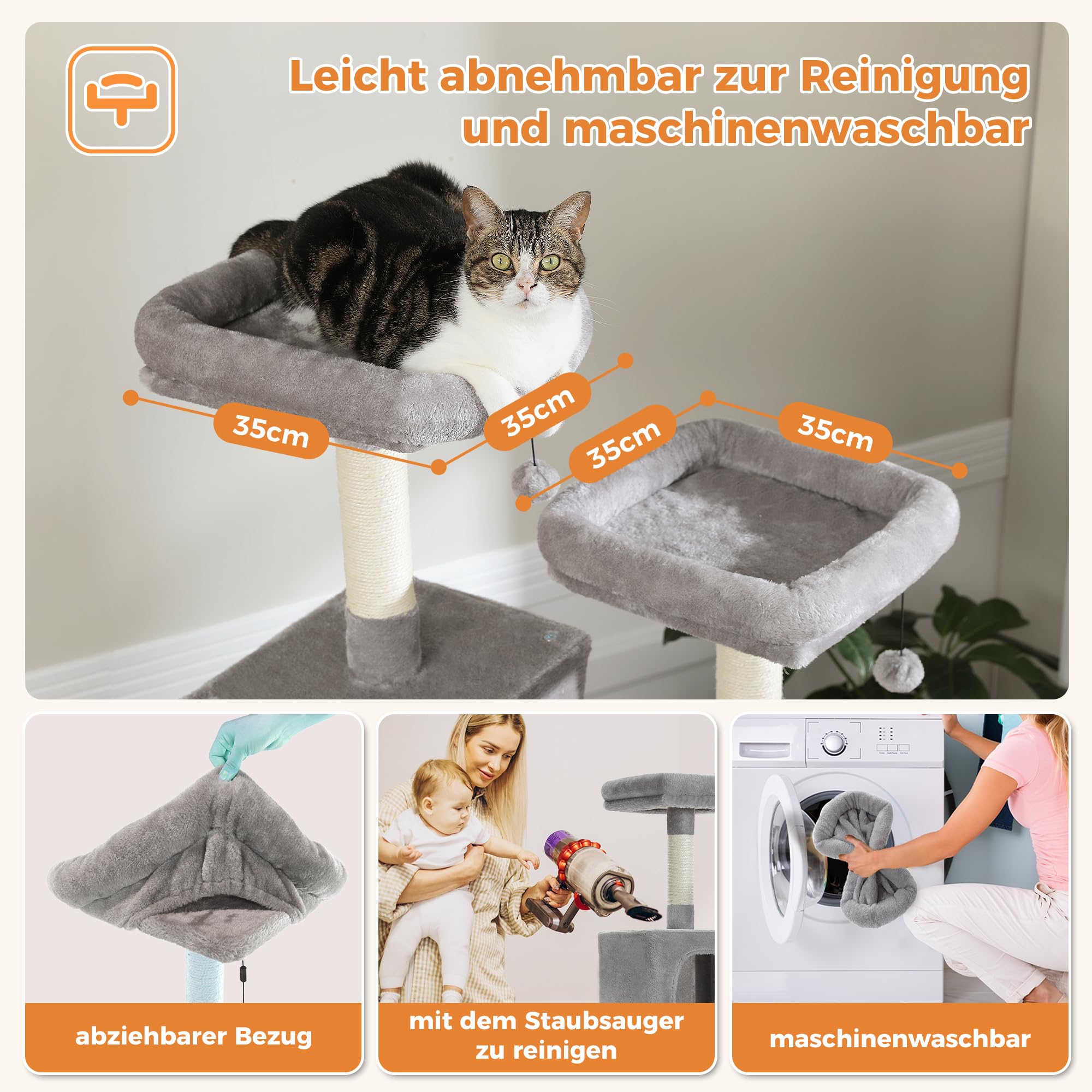 PETEPELA 180cm Kratzbaum groß, Multi-Level Katzenbaum für große Katzen, mit 6 Sisalsäule, 2 Kratzbrettern, 2 Plattformen, 1 Hängematte, 2 Spielbälle, Plüsch-Stoff, grau