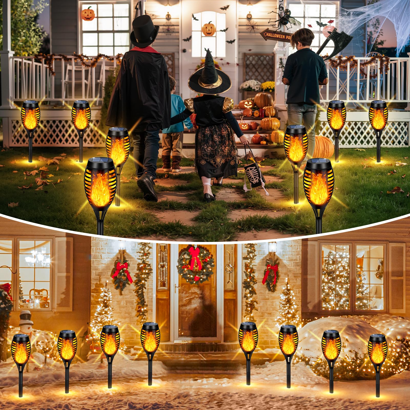 Solarleuchten für den Außenbereich, 10 Stück, Solar-Tiki-Fackeln mit flackernder Flamme, 12 LEDs, Mini-Solar-Gartenleuchten für Terrasse, Hof, Weg, Landschaftsdekorationen, Dämmerung bis
