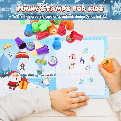 Miniatura 5 de GWHOLE Juego de 24 sellos de tinta para calendario de Adviento navideño, juego de 24 sellos de tinta con temática navideña para niños pequeños