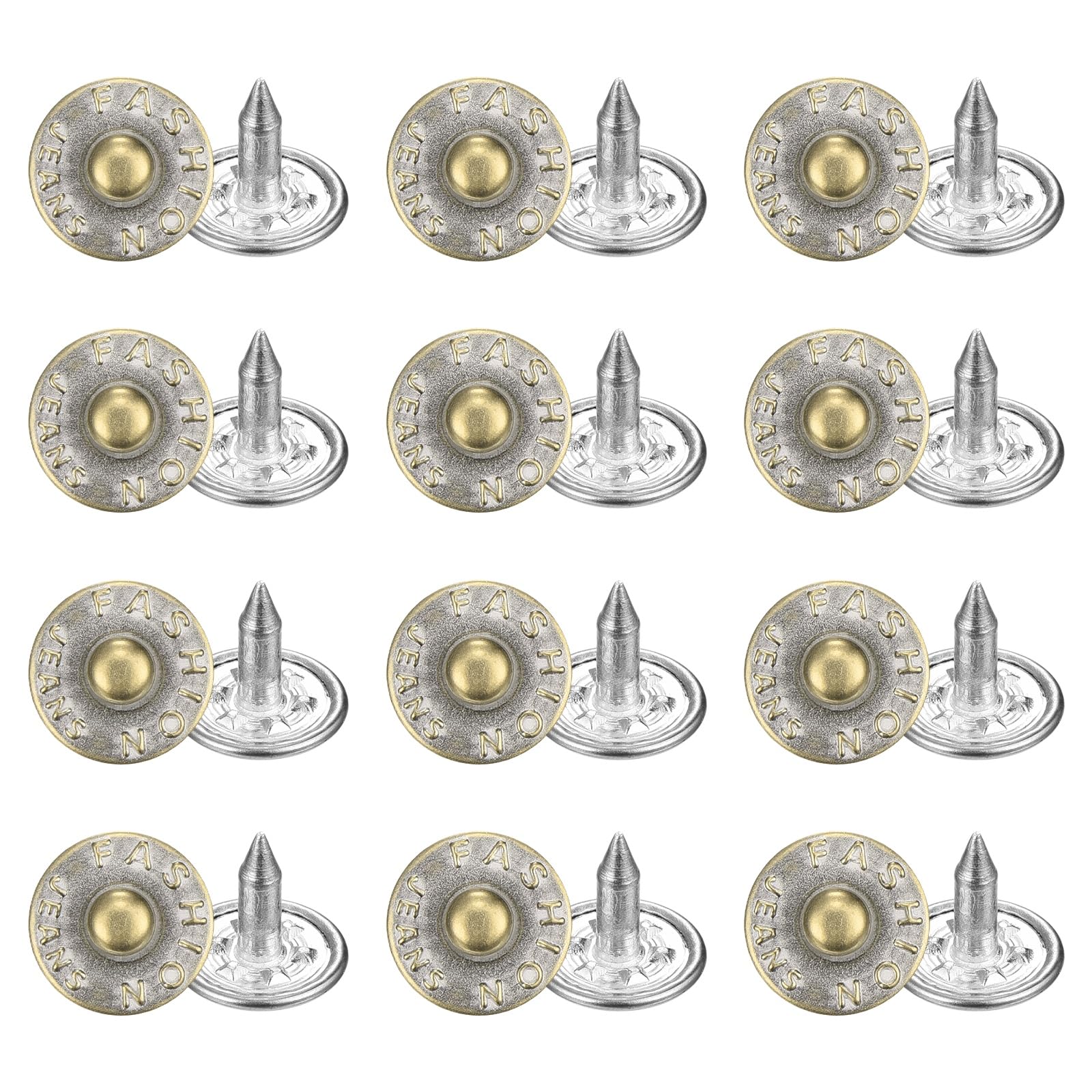 sourcing map 50 Sets Jean Rivets 9.5mm Metal Jeans Buttons Replacement Kit Universal No Sew Denim Fasteners Nipple Rivets Little Letter Style for Jeans Pants Jackets Bags Crafts, Bronze-Tin