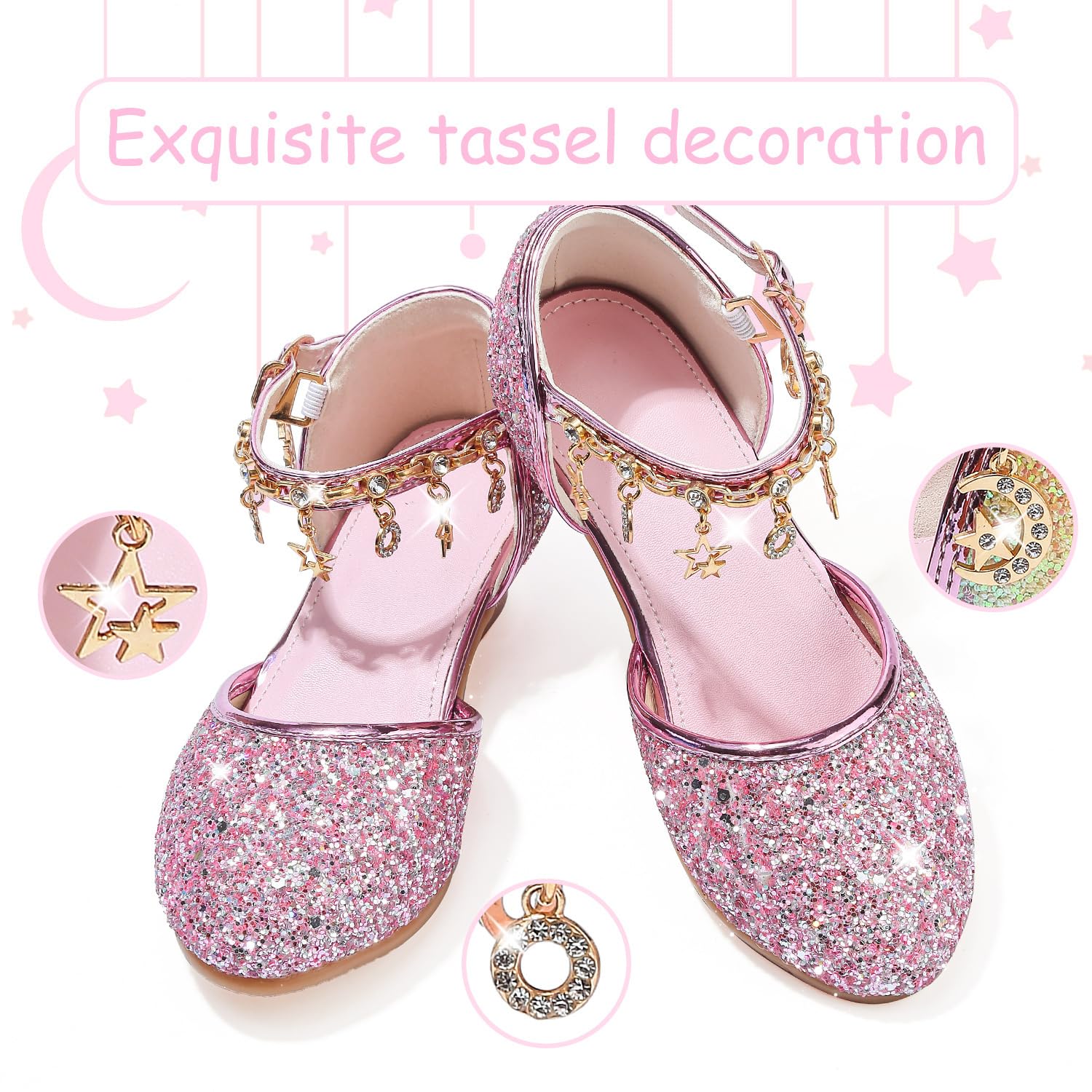 Chaussure Princesse Fille Paillettes Déguisement Talon Haut Cosplay Mariage Noël Anniversaire Cérémonie Fête Danseuses Ballerines Sandale Crystal Bling - 4