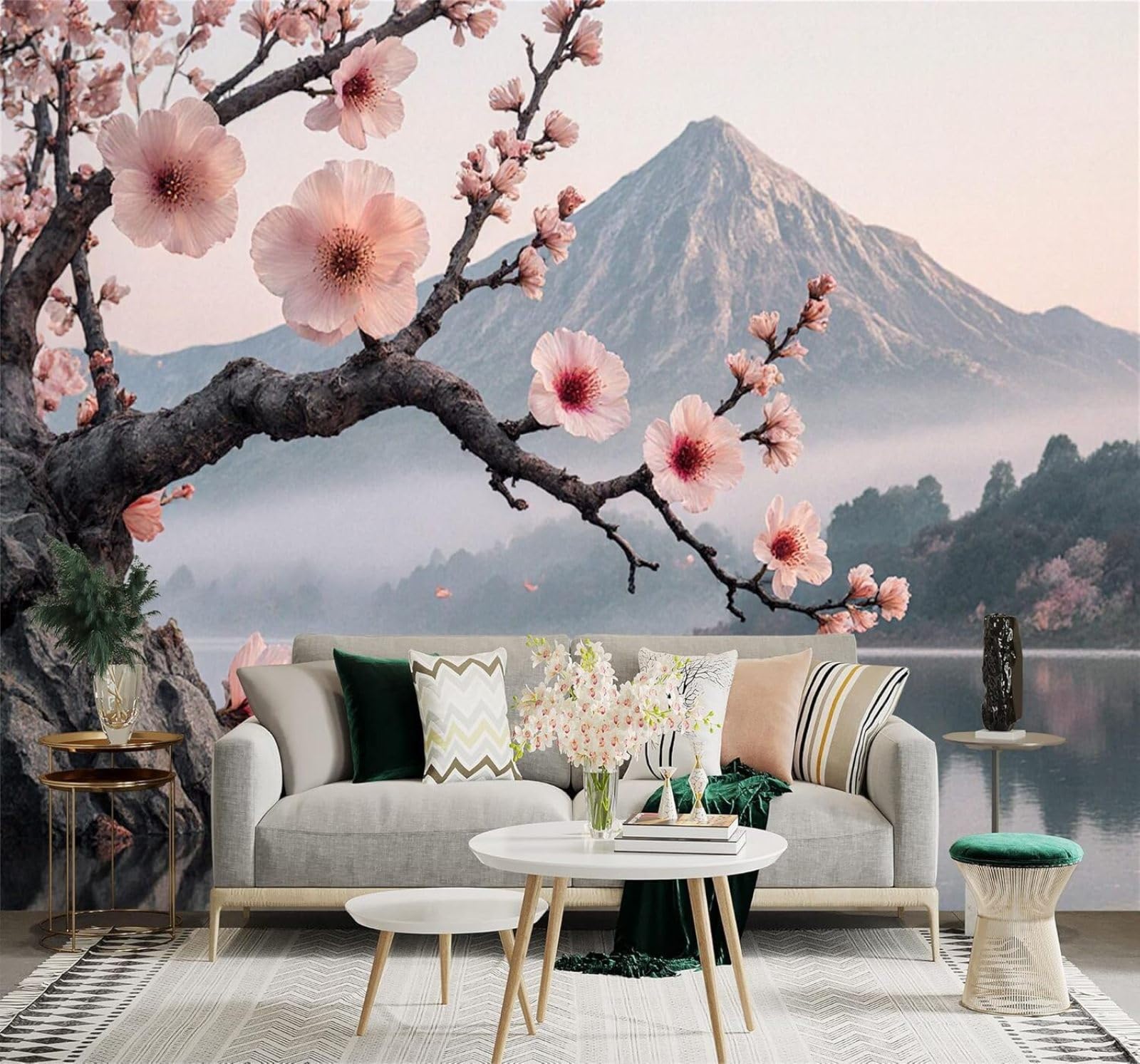 Tzxztt Pink Cherry Blossoms A Lake Mist Shrouded Peaks A Forest Reflections Modern 3D Wallpaper Premium Textured Silk Neutral Tones Material Ideal for Living Room Bedroom-400cm×280cm