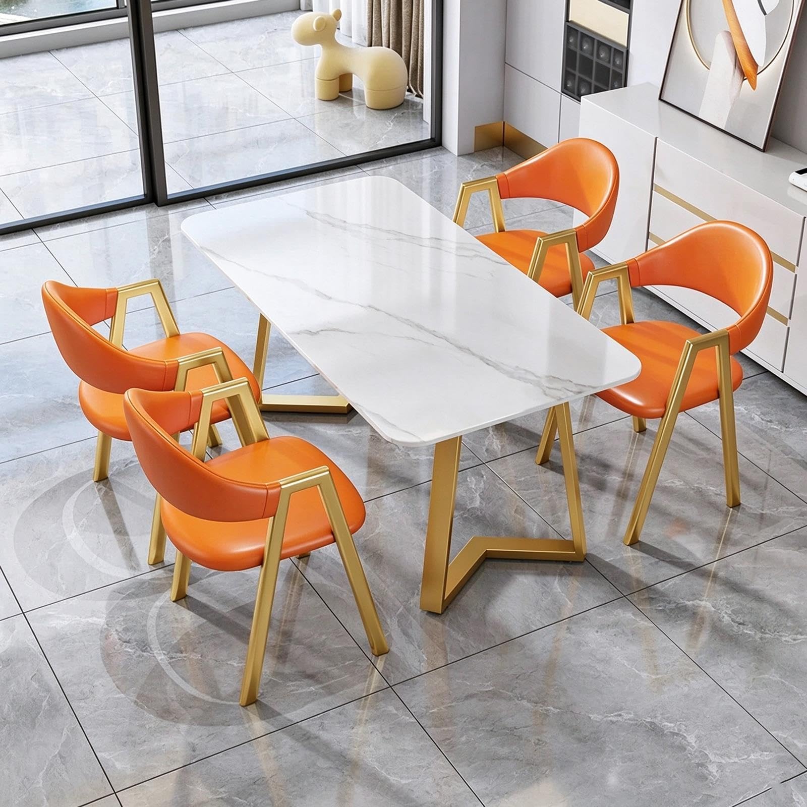 Tavolo da Pranzo 4 Persone, Set con 4 Sedie Effetto Marmo, Moderno Oro