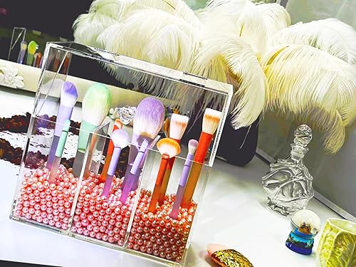 Miniatura 9 de VASERDDY Organizador de maquillaje acrílico, caja de almacenamiento transparente para brochas de cosméticos con 3 soportes para pinceles, soporte