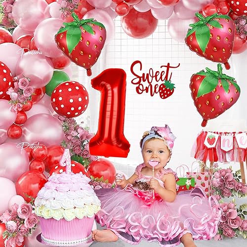 Miniatura 2 de Pateeha Kit de guirnalda de arco de globos de fresa, color rojo grande, 1 lámina de aluminio, color rojo perla, rosa, verde, rojo, lunares, globos