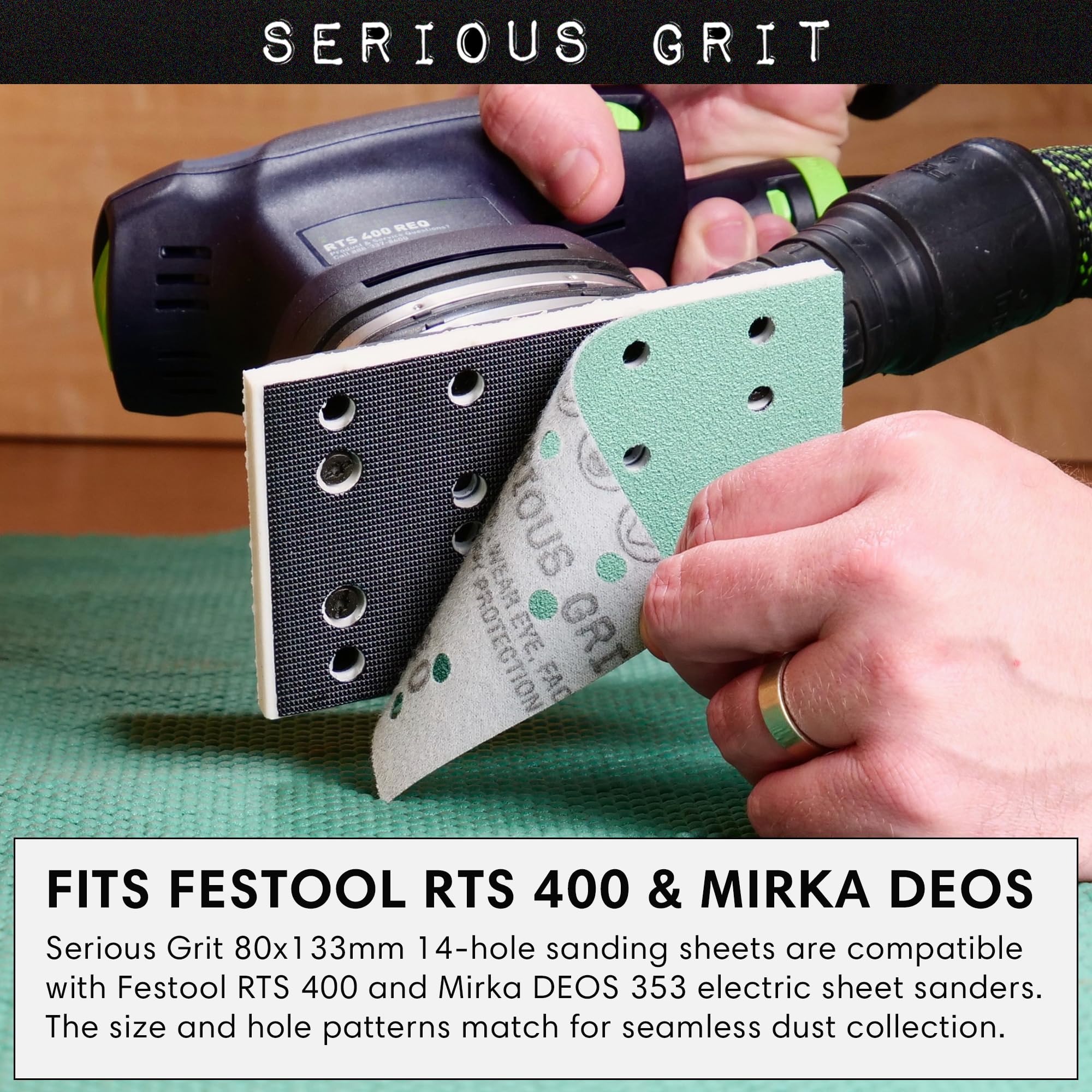 Serious Grit - Hojas de lija de grano 120 de 80 mm x 133 mm, 14 agujeros, compatible con Festool RTS 400 y Mirka Deos 353, abrasivos de película de gancho y bucle de alta resistencia, papel de lija