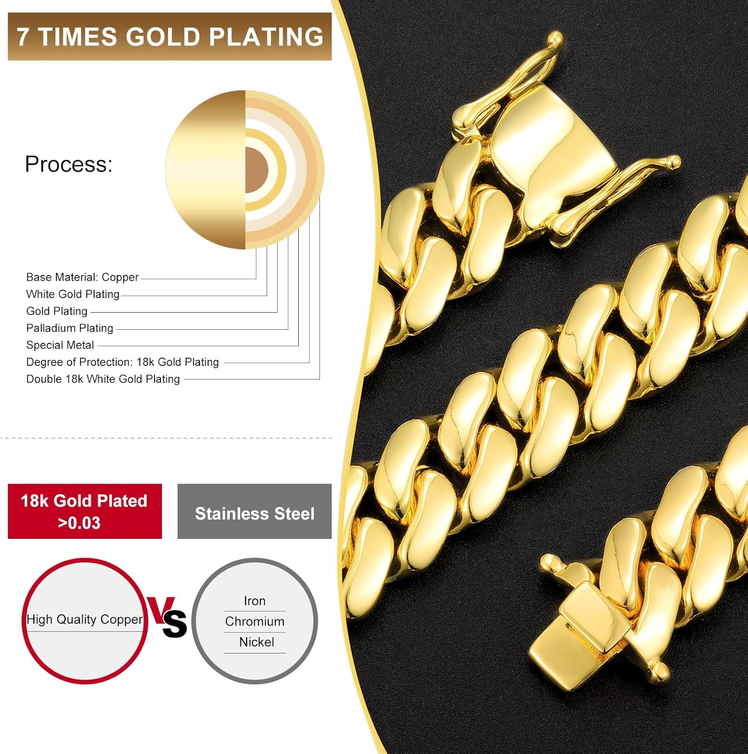 Cuban Link Chain For Men 18k Gold Plated Solid Silver/Gold Chain Men Necklace 10MM/12MM/14MM/16MM Thick Miami Cuban Chain Necklace No Tarnish& Durable Hip Hop Jewelry - Image 2