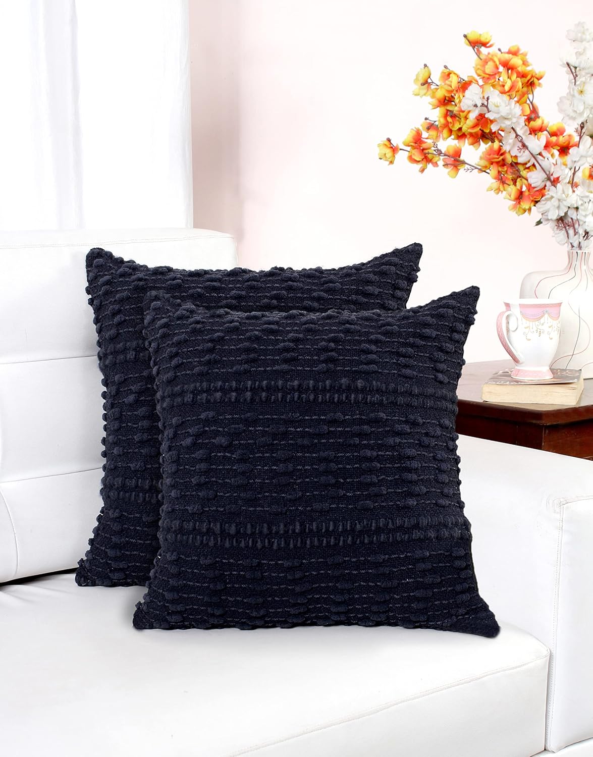 ACCENTHOME Boho Throw Pillow Cover 18x18 Inch (2 Pc) Cotton Hand Woven Decorative Design Pillows for Farmhouse Couch Sofa Bedroom | Navy Tufted Pillow Covers | Home Decor Textured Hug Pillowcases
