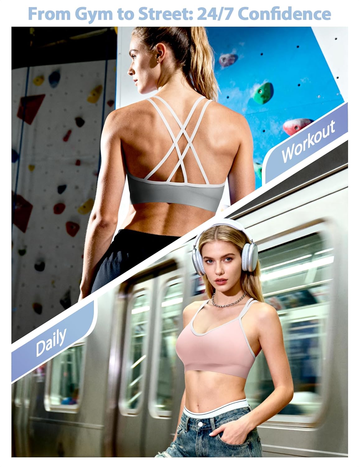 VEQKING Women's Cross Back Sports Bra Padded Strappy Medium Support Yoga Bra for Workout Fitness 3 Pack - Image 7