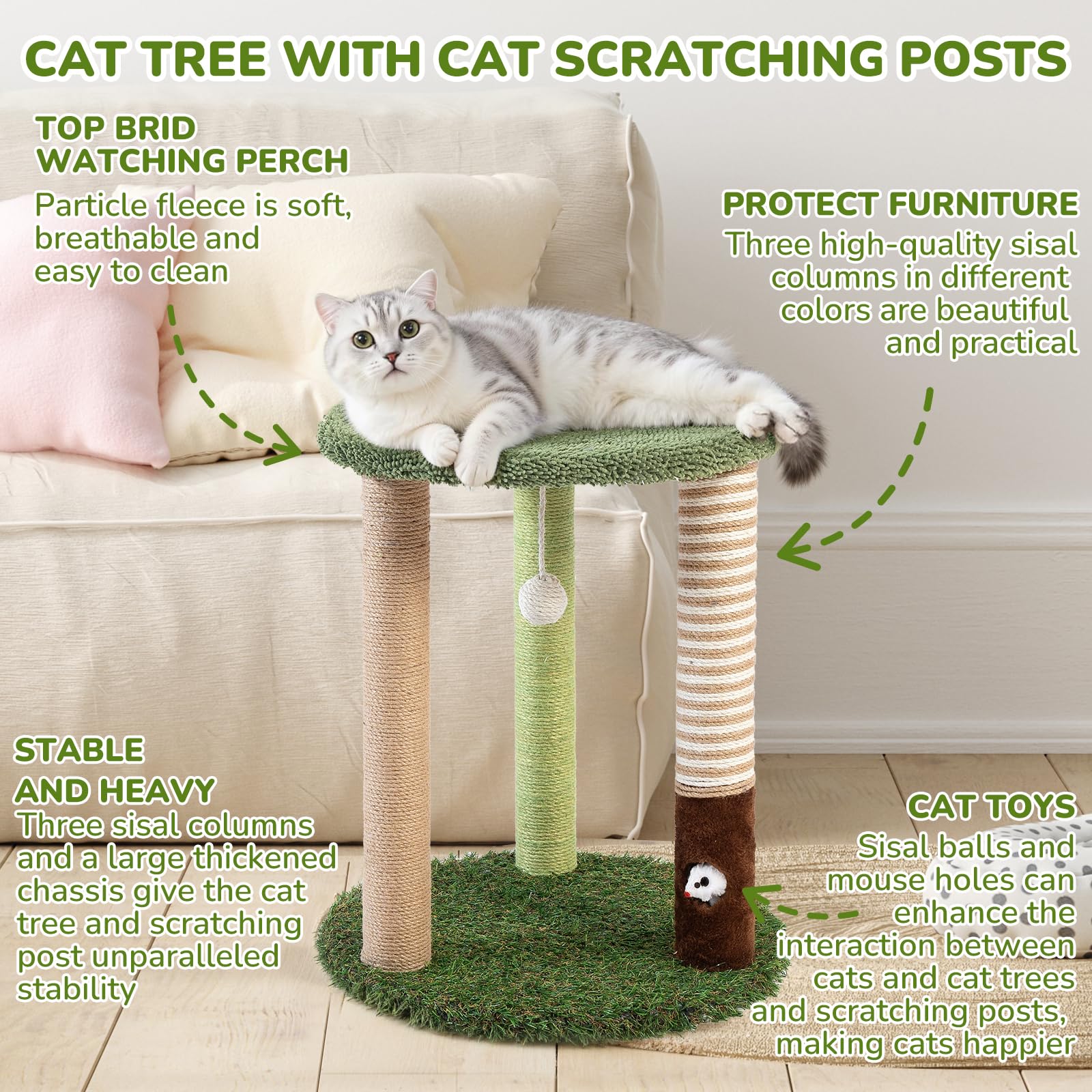 WOOCHPET Tiragraffi a torre con 3 tronci, altezza 55,9 cm, in sisal con divertente giocattolo per gatti e gatti adulti, piccola torre di gatto e asta per gatti indoor (verde)