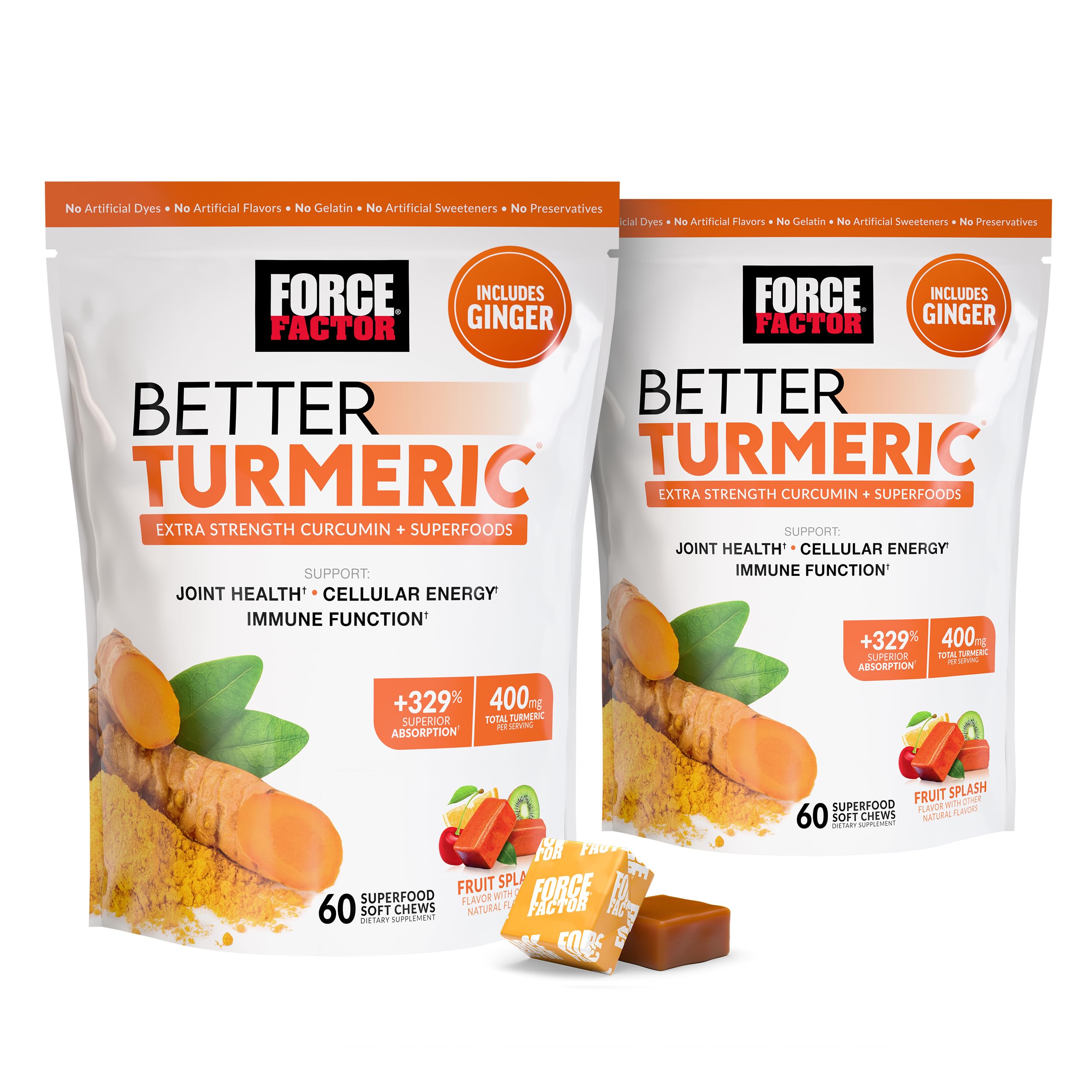 Force Factor Better Turmeric Joint Support Supplement for Extra Strength Joint Health, Featuring HydroCurc Turmeric Curcumin with Black Pepper for Superior Absorption, Fruit Splash, 120 Soft Chews
