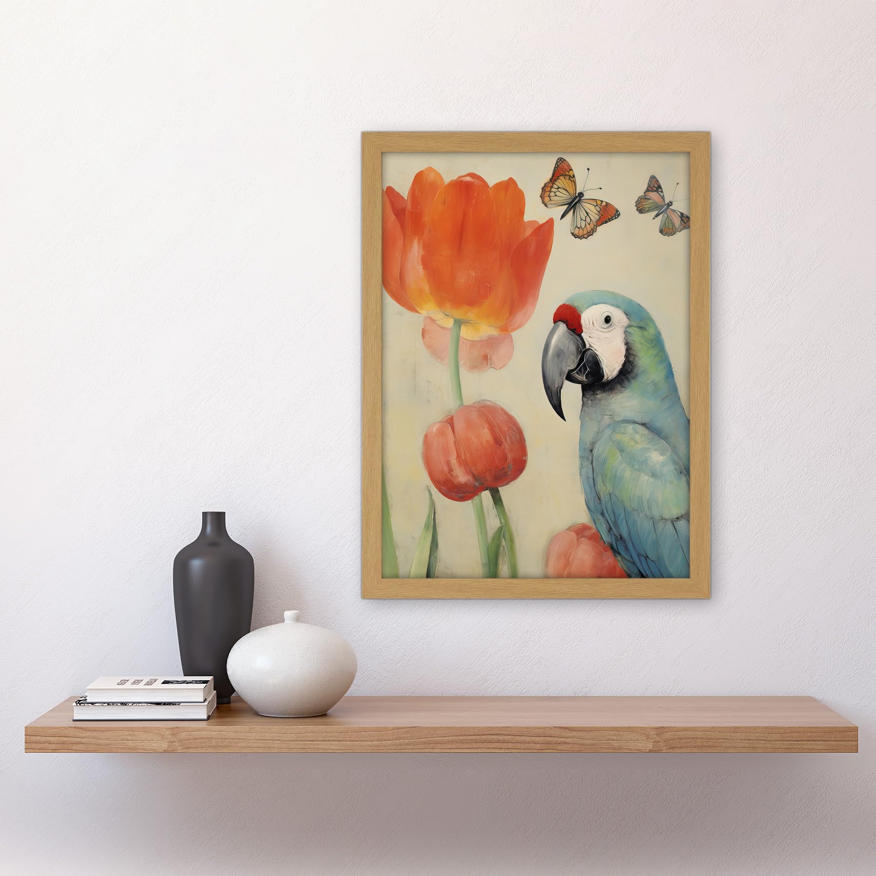 Artery8 Parrot and Tulips Flowers Butterflies Pastel Colour Artwork Floral Spring Oil Painting Artwork Framed A3 Wall Art Print - Image 2