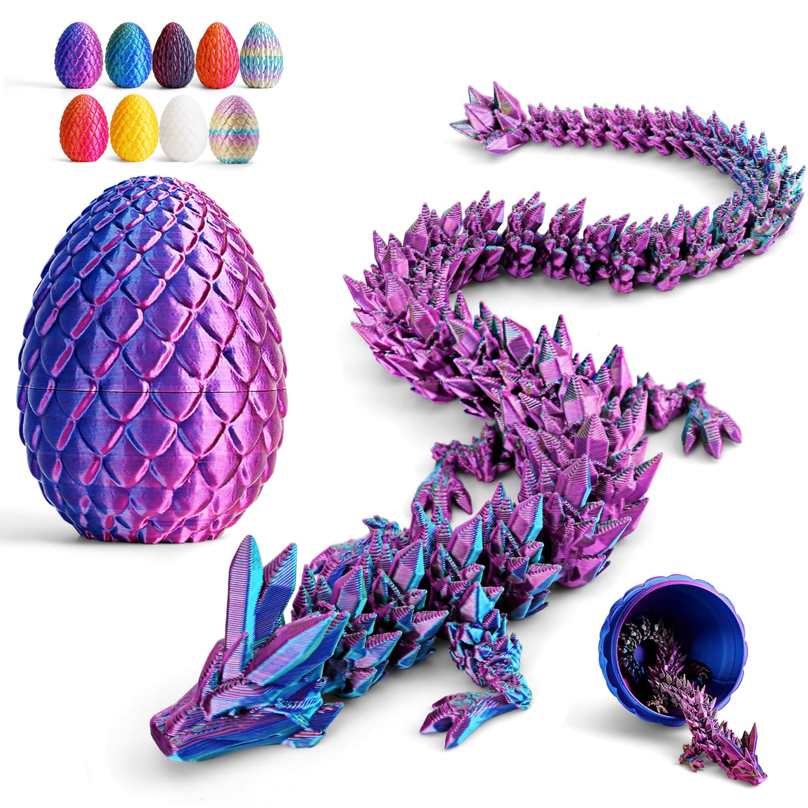 Cessfle 12" Prefilled Easter Dragon Eggs with 3D Printed Dragons Inside, 3D Printer Articulated Crystal Fidget Toy, Easter Basket Stuffers for 5-7 4-6