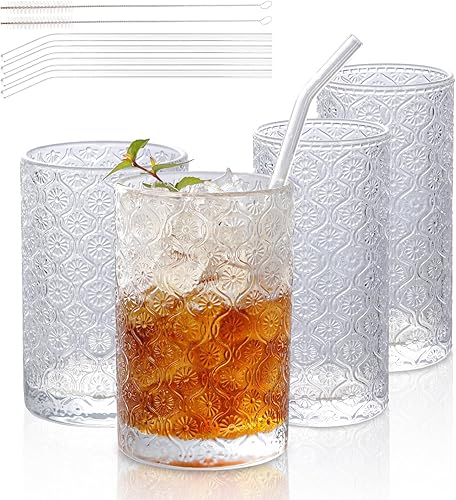 Juego de 4 vasos vintage en relieve, 2 vasos de vidrio Collins de 12 onzas y 2 vasos altos de 16 onzas, transparentes, Art Deco, para cerveza, agua,