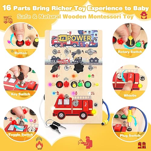 Miniatura 3 de Quiet Flower Tablero Montessori 2 en 1 de madera para niños pequeños con 8 interruptores de sonido de luz LED, destornillador para niños pequeños de