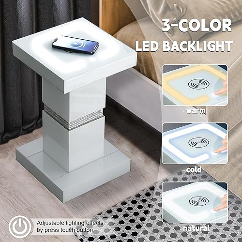 Miniatura 3 de Mesa auxiliar de cristal blanco con estación de carga inalámbrica, mesas auxiliares LED regulables de 3 colores, mesa auxiliar con incrustaciones de