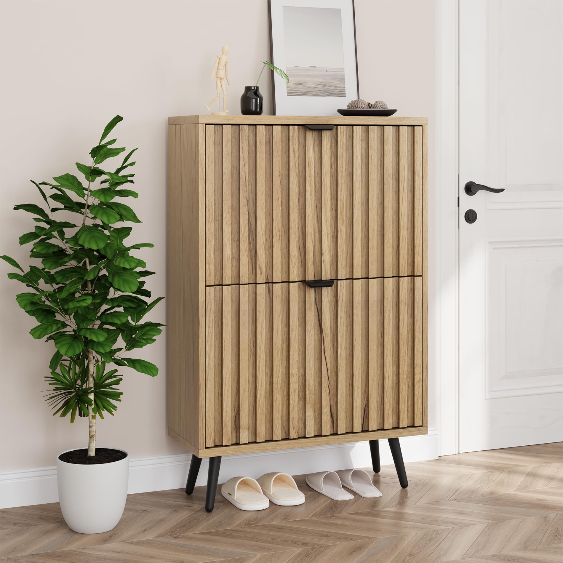 Smuxee Shoe Cabinet with 2 Flip Drawers, 23.6" Natural Hidden Shoe Storage Cabinet with Fluted Design, Freestanding Shoe Organizer Cabinet for Entryway, Hallway, Closet, Living Room