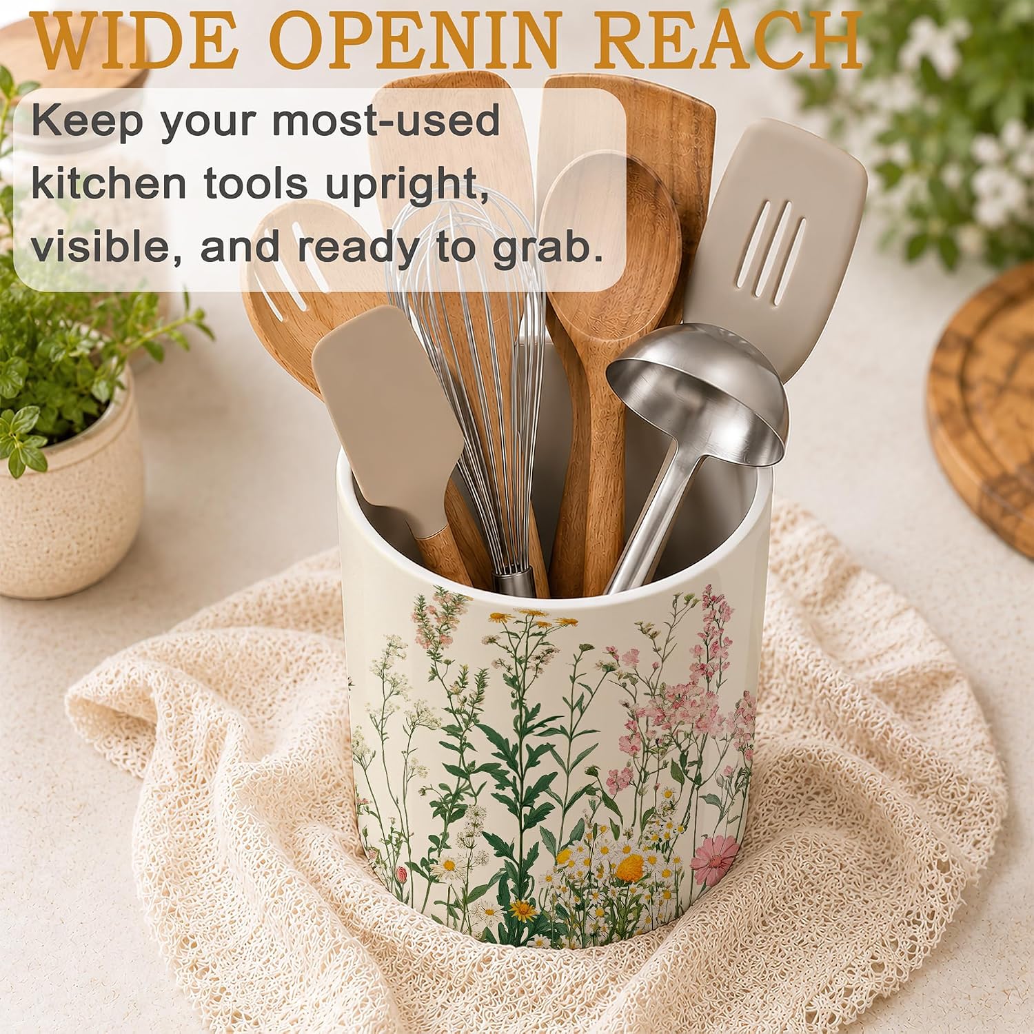 Wildflowers Kitchen Utensil Holder,Vintage Herb Flower Large Ceramic Utensil Crock for Countertop,Cooking Utensil Organizer for Spatulas,Spoons