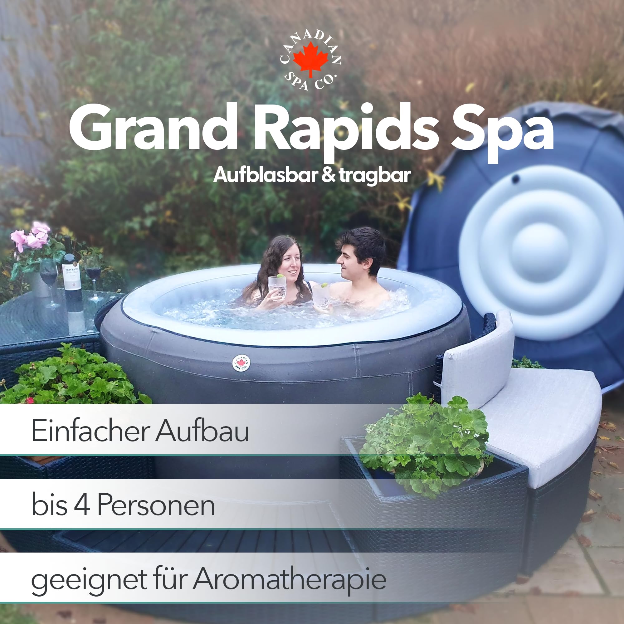 CANADIAN SPA CO. Grand Rapids Hot Tub Outdoor dla 4 osób, Ø 175 cm x 74 cm, okrągła, nadmuchiwana wanna z hydromasażem ze 110 dyszami i kocem grzewczym