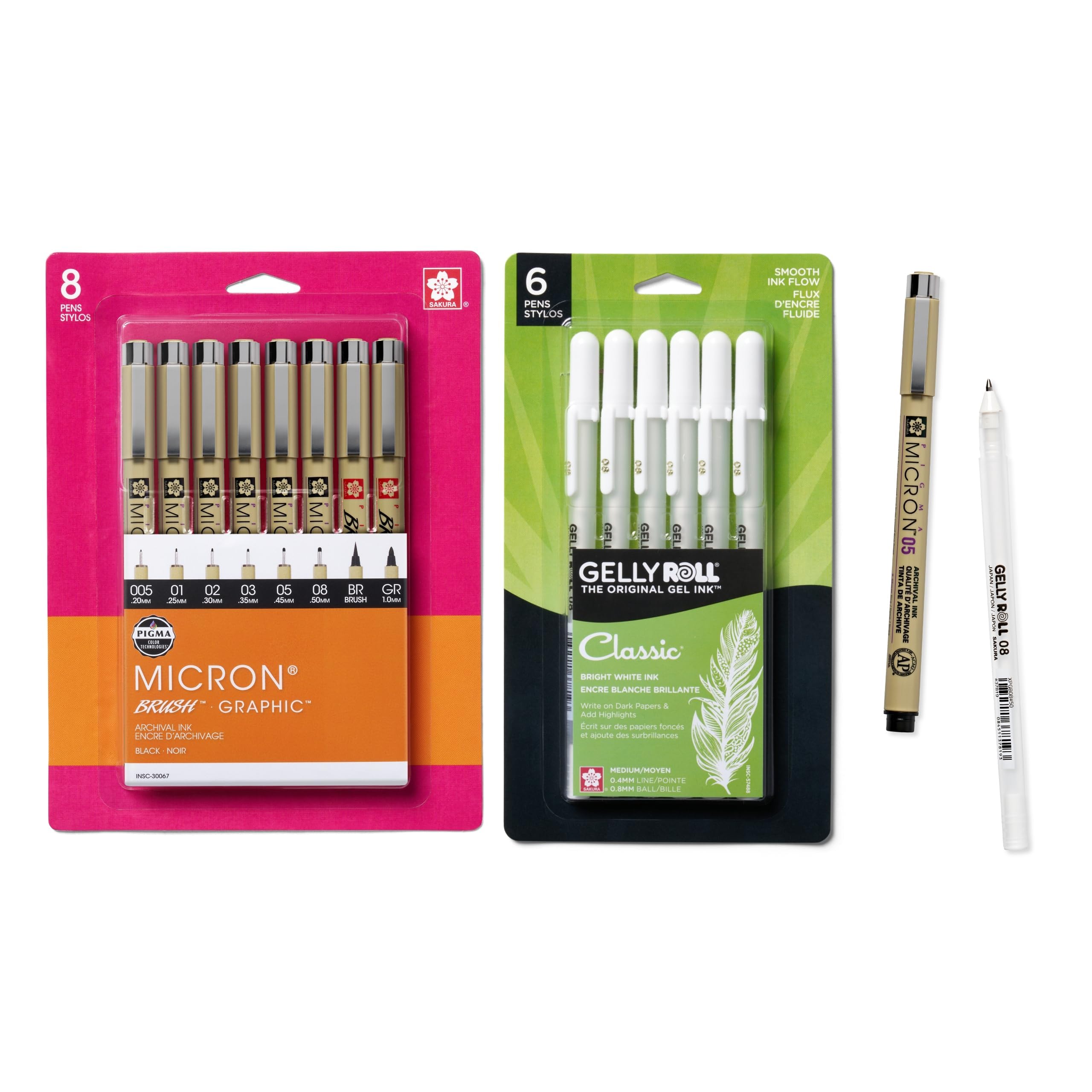 SAKURA Pigma Micron Fineliner & Gelly Roll Klassische weiße Stifte – zum Schreiben, Zeichnen oder Journaling – verschiedene Punktgrößen – 8 schwarze Mikron und 6 weiße Gelschreiber