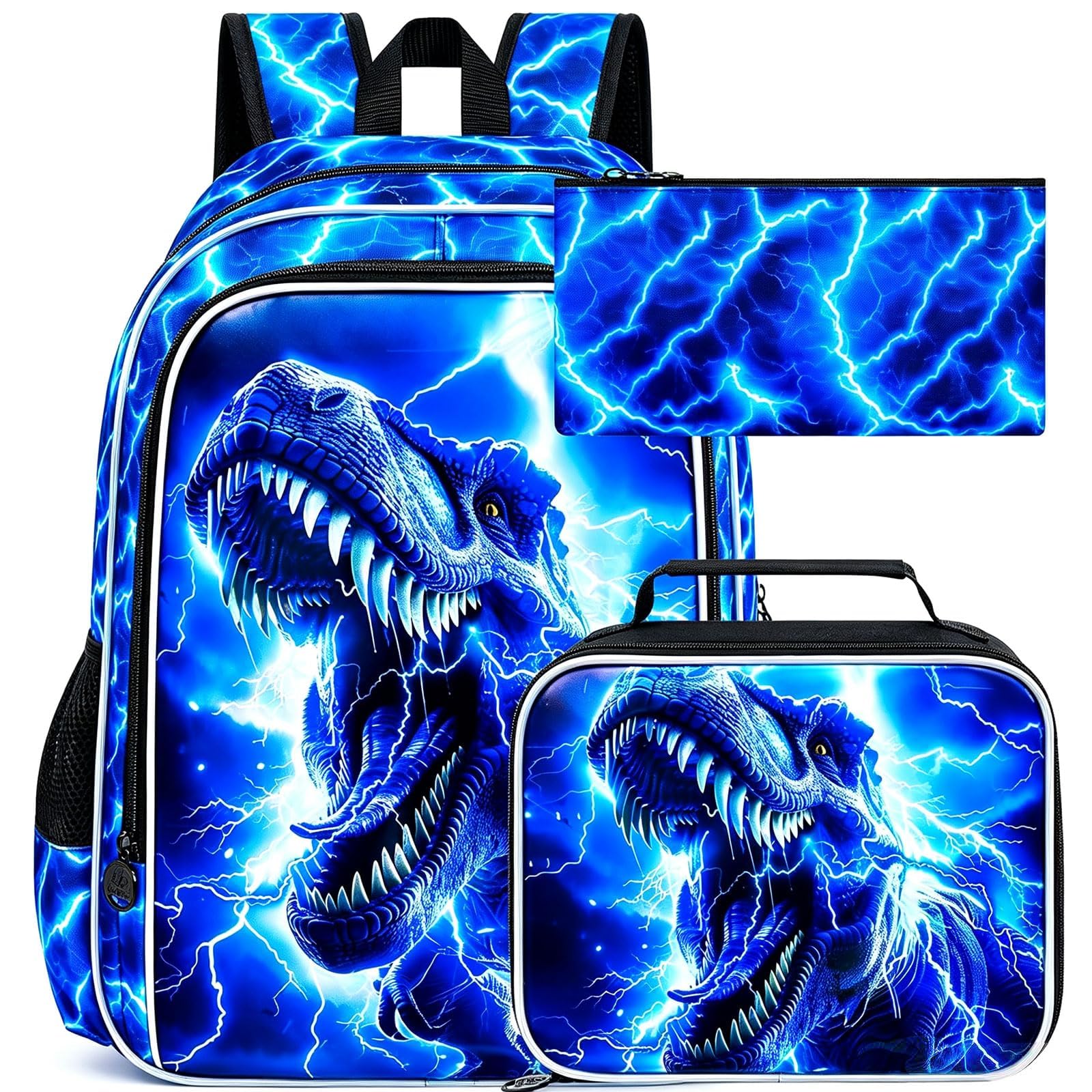 17" Dinosaur Backpack for Boy, 3Pcs Lightning Bookbag for Elementary Preschool Kindergarten, Kids School Backpacks with Lunch Box (Blue)