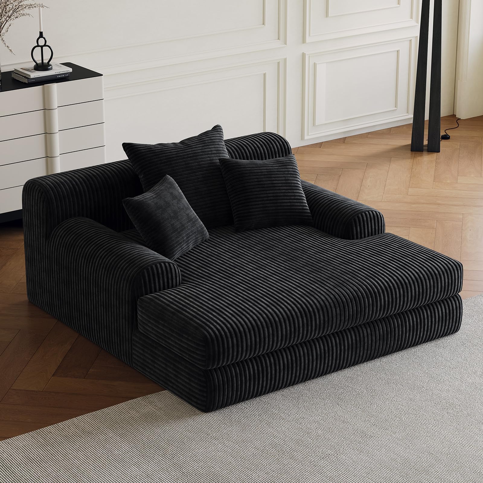 Sofá Moderno de Pana con función de sofá Cama y Chaise Longue, sofá en la Nube con 3 Cojines, cómodo Asiento para Sala de Estar en Negro, sin Montaje