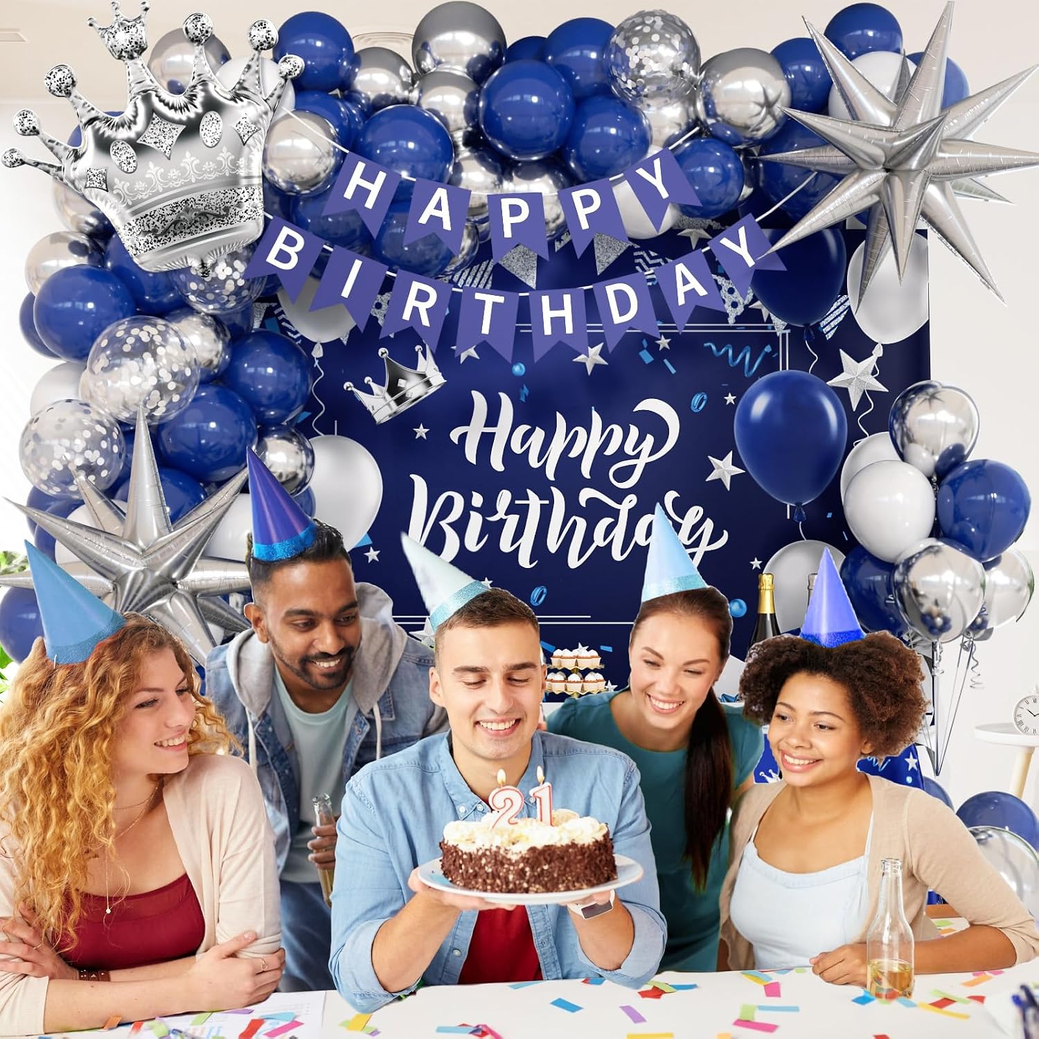 Blue and Silver Birthday Decorations, Blue White Silver Balloons Banner Tablecloth Backdrop for Happy Birthday Decorations for Men
