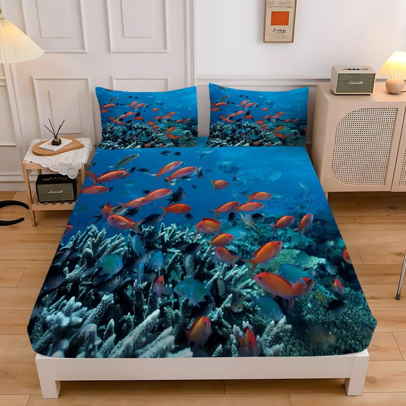 Amazon｜ボックスシーツ シングル 小魚 水色 ベッドカバー 100×200cm