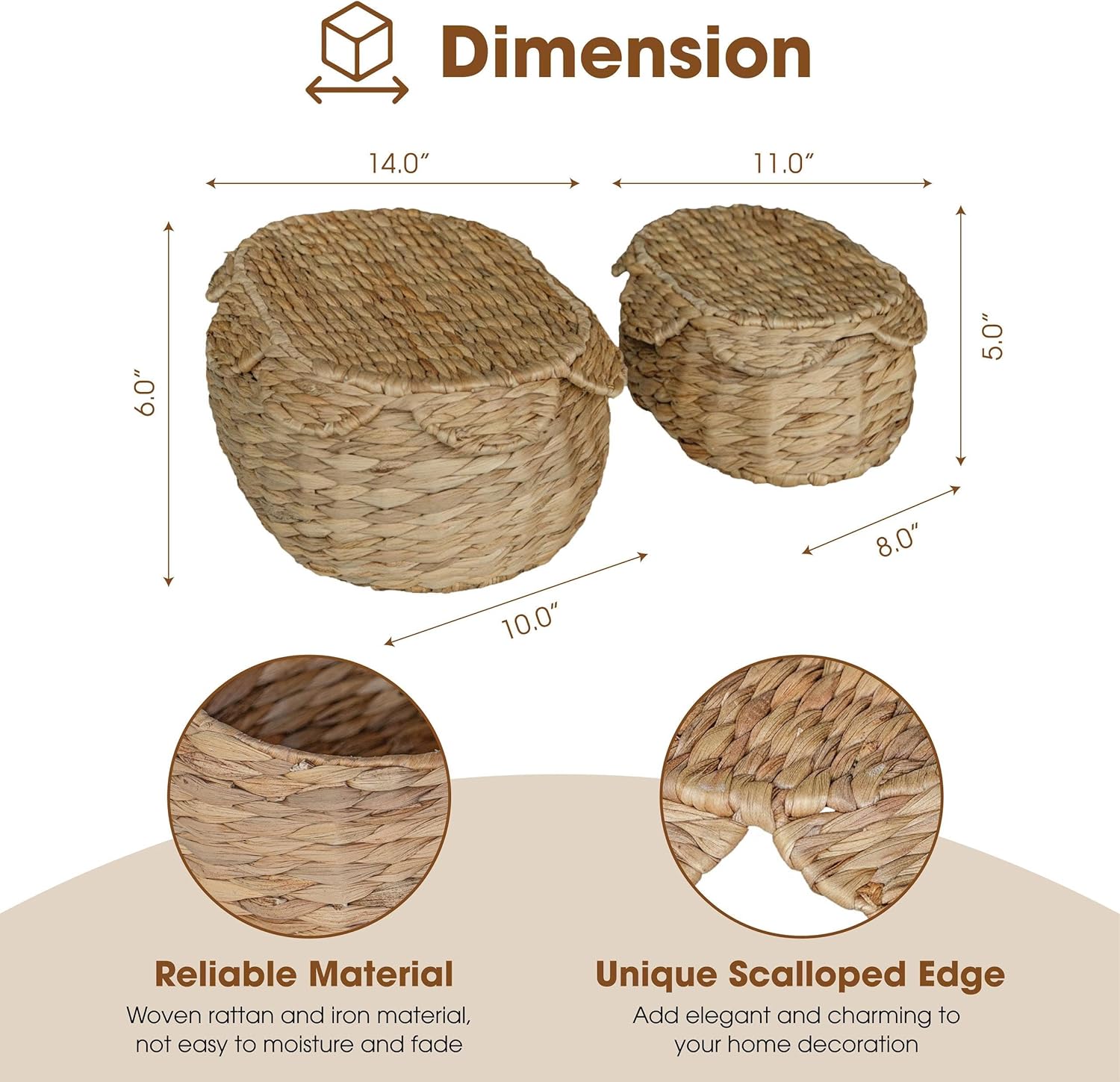 Boho Rattan Basket Set of 2, Scalloped Wicker Storage Baskets with Lids, Handwoven Woven Storage Basket Decorative Basket, Vintage Picnic Basket, Wicker Bread Basket, Natural Decorative Storage