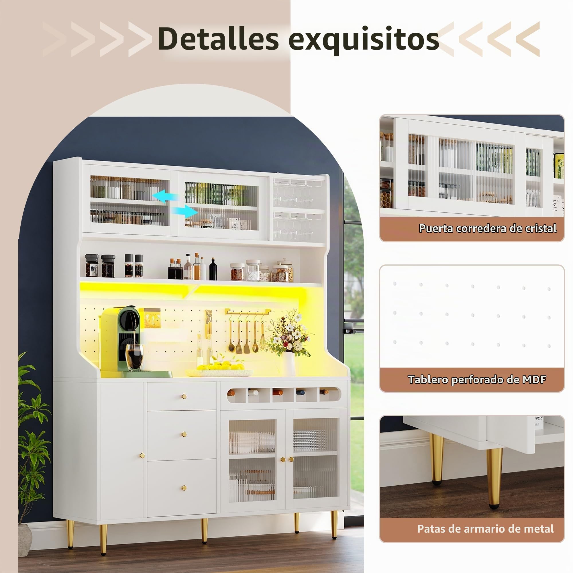 Alacena de Cocina Armario Alto Cocina con Iluminación LED y USB, Mueble Auxiliar de Comedor con Botellero y Cajones, Aparadores Salon, Buffet Comoda, 145x39x171 cm, Blanco
