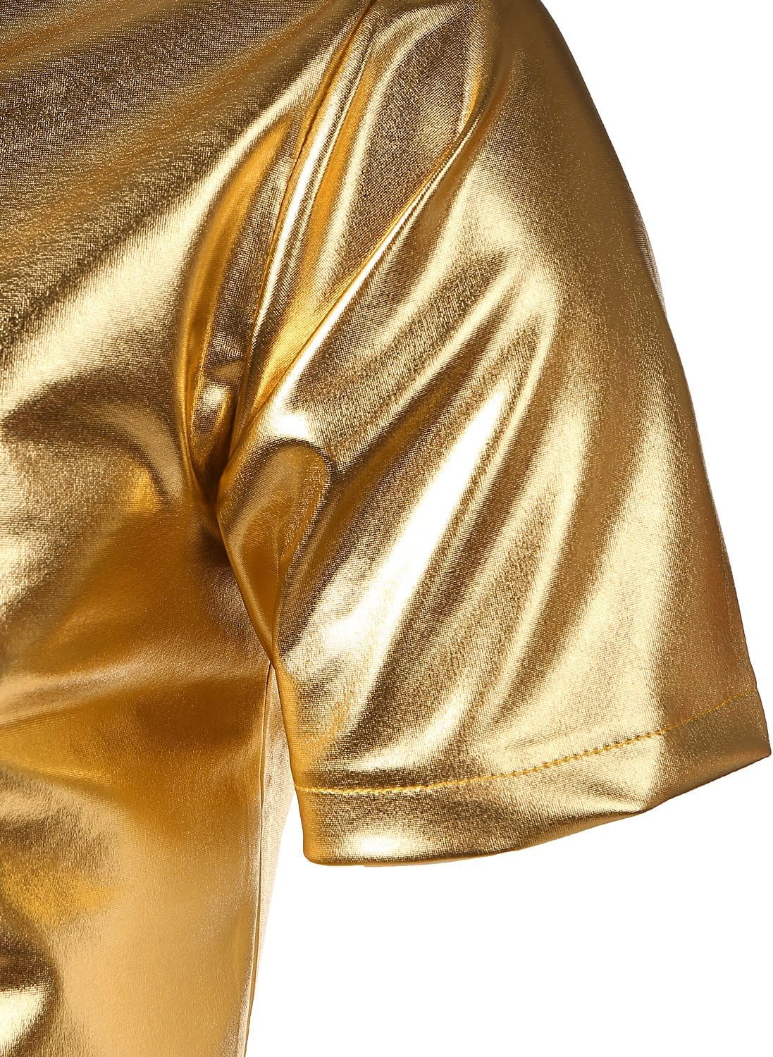JOGAL Men's 70s Disco Shiny Metallic Gold Silver Short Sleeve Button Down Shirt - Image 4