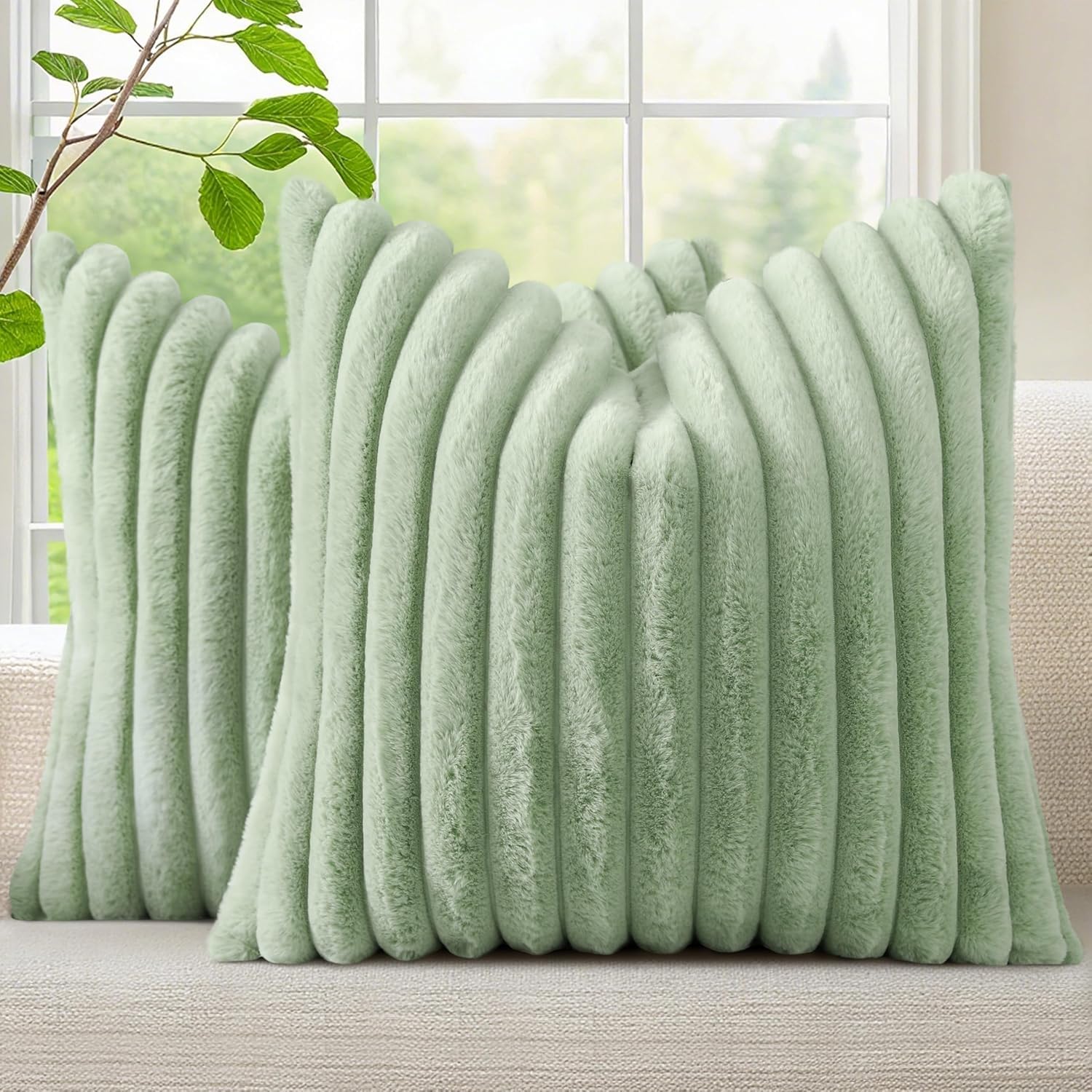 decorUhome Faux Fur Cushion Covers 40x40 cm Set of 2, Decorative Soft Plush Striped Neutral Pillow case 16X16 Inch with Velvet Back for Sofa, Bed, Living Room Home Decor, Sage Green