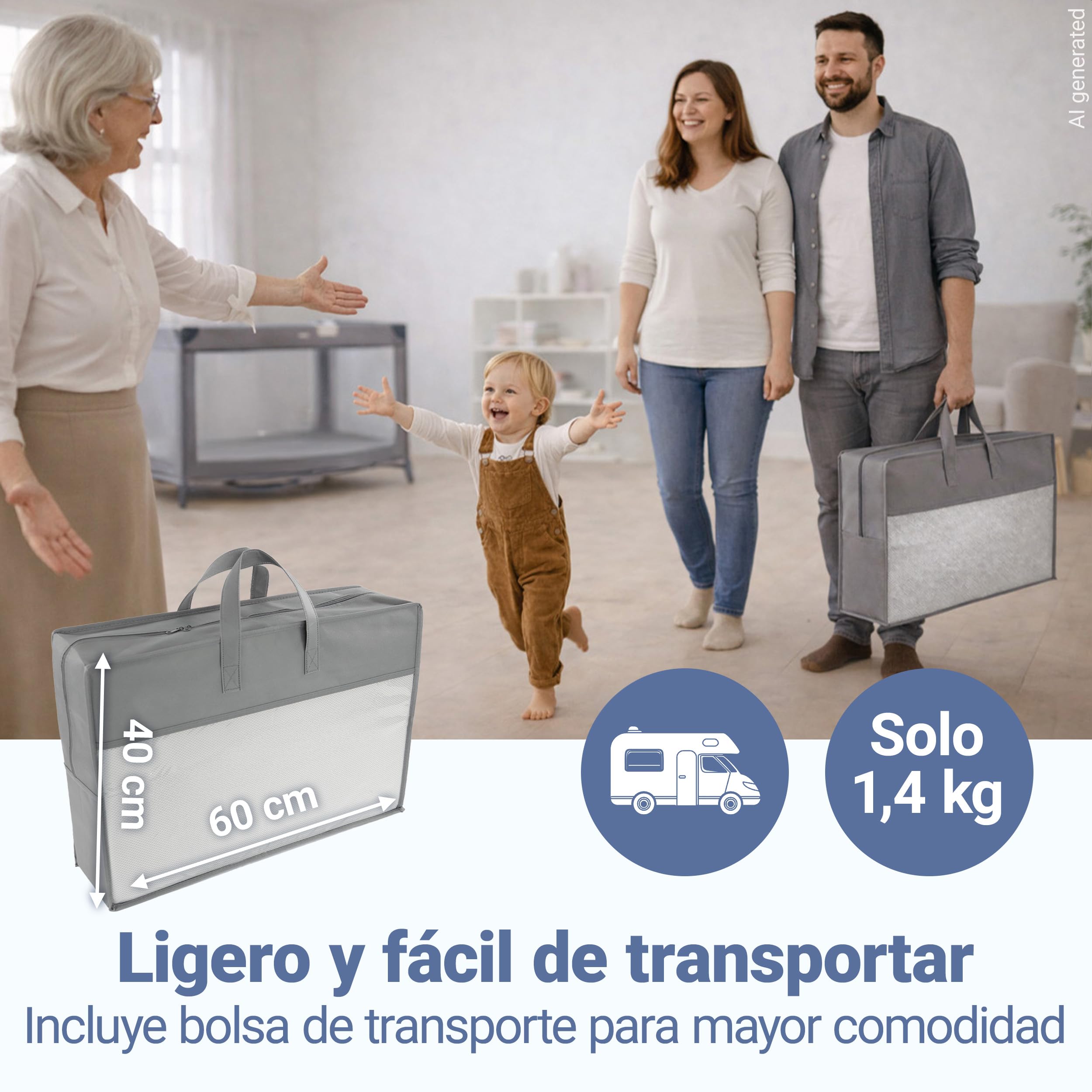 LaLoona Colchon Cuna 60x120 cm de Viaje Portátil | Apto para Parque Infantil - 5 cm Grosor – Plegable con Funda Extraíble - Bolsa de Transporte - Transpirable - Lavable - Certificado Oeko-Tex - Gris