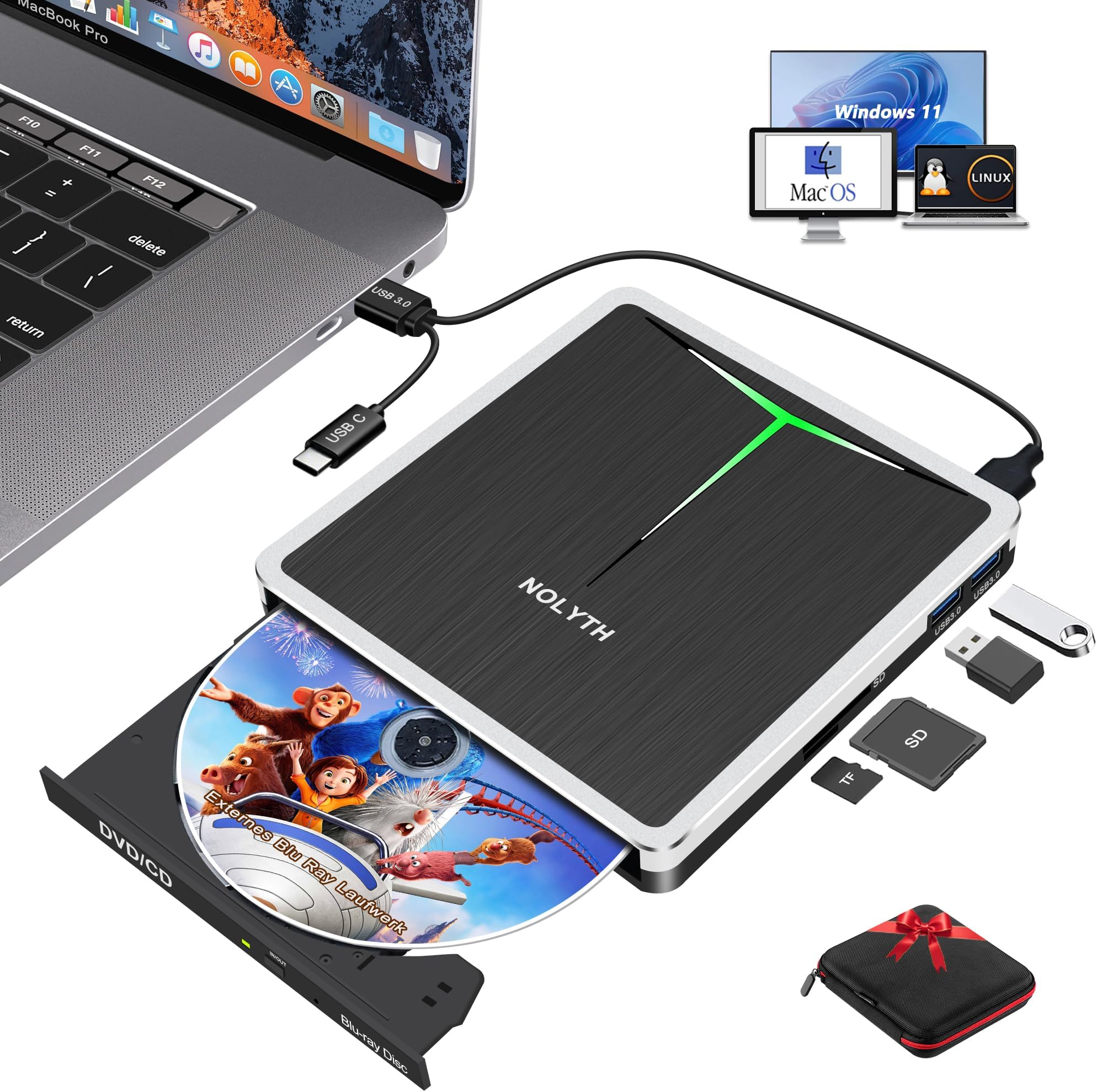External Blu Ray Drive USB 3.0 Type-C CD DVD Bluray Burner Writer Portable 3D BD Blu-ray Drive & Bluray Player for PC Laptop Mac Windows 11 10 MacBook Air Pro iMac