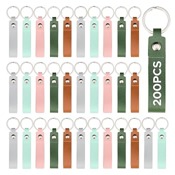 OMTech 200pc PU Leather Key Fob Kit, Rectangle Leather Keychain Blanks with Rivets and Key Rings, Multi Colors