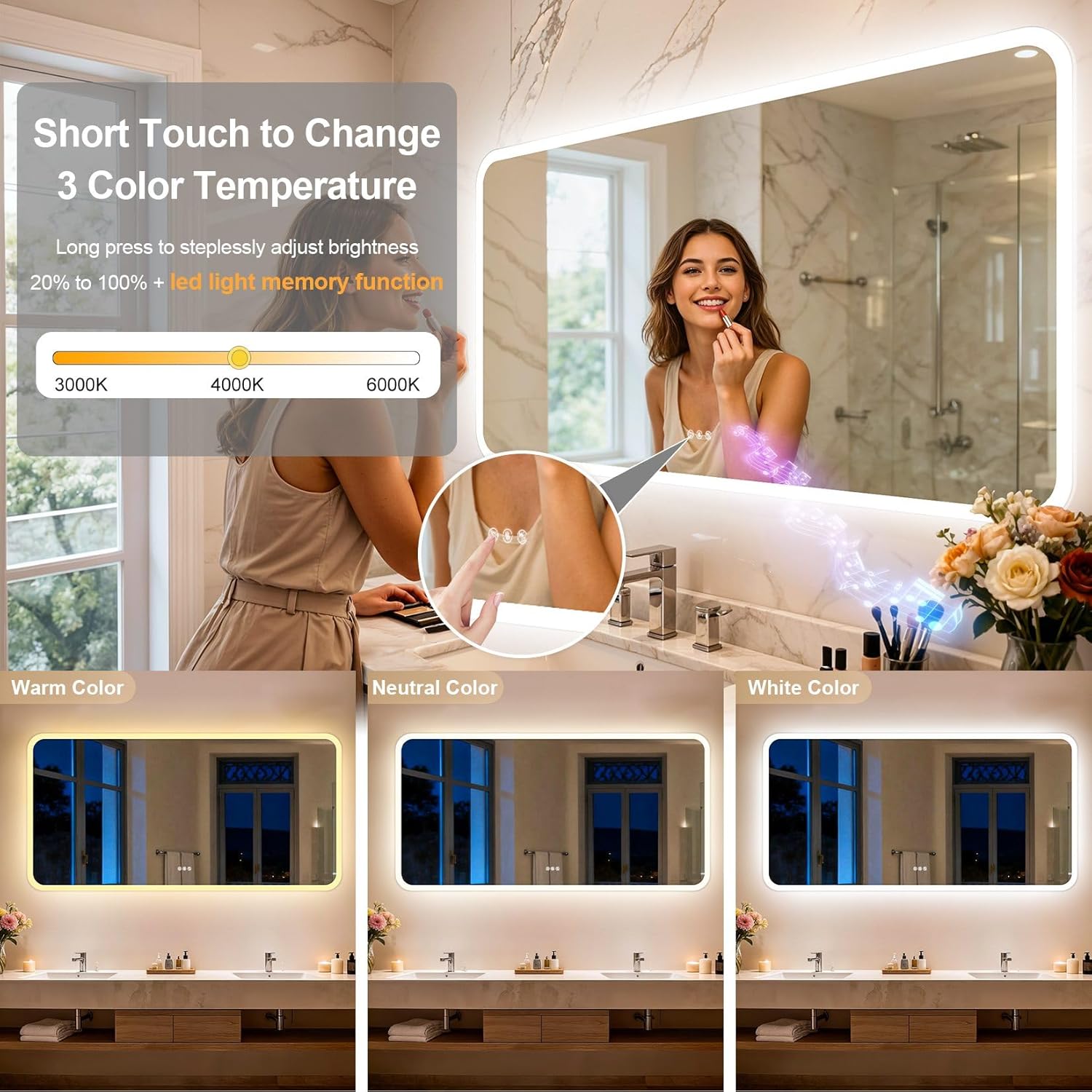 LUVODI Rectangle LED Bathroom Mirror: Smart Bluetooth Vanity Mirror Front-Lit Defogger Stepless Dimming, 31.5x63 inch
