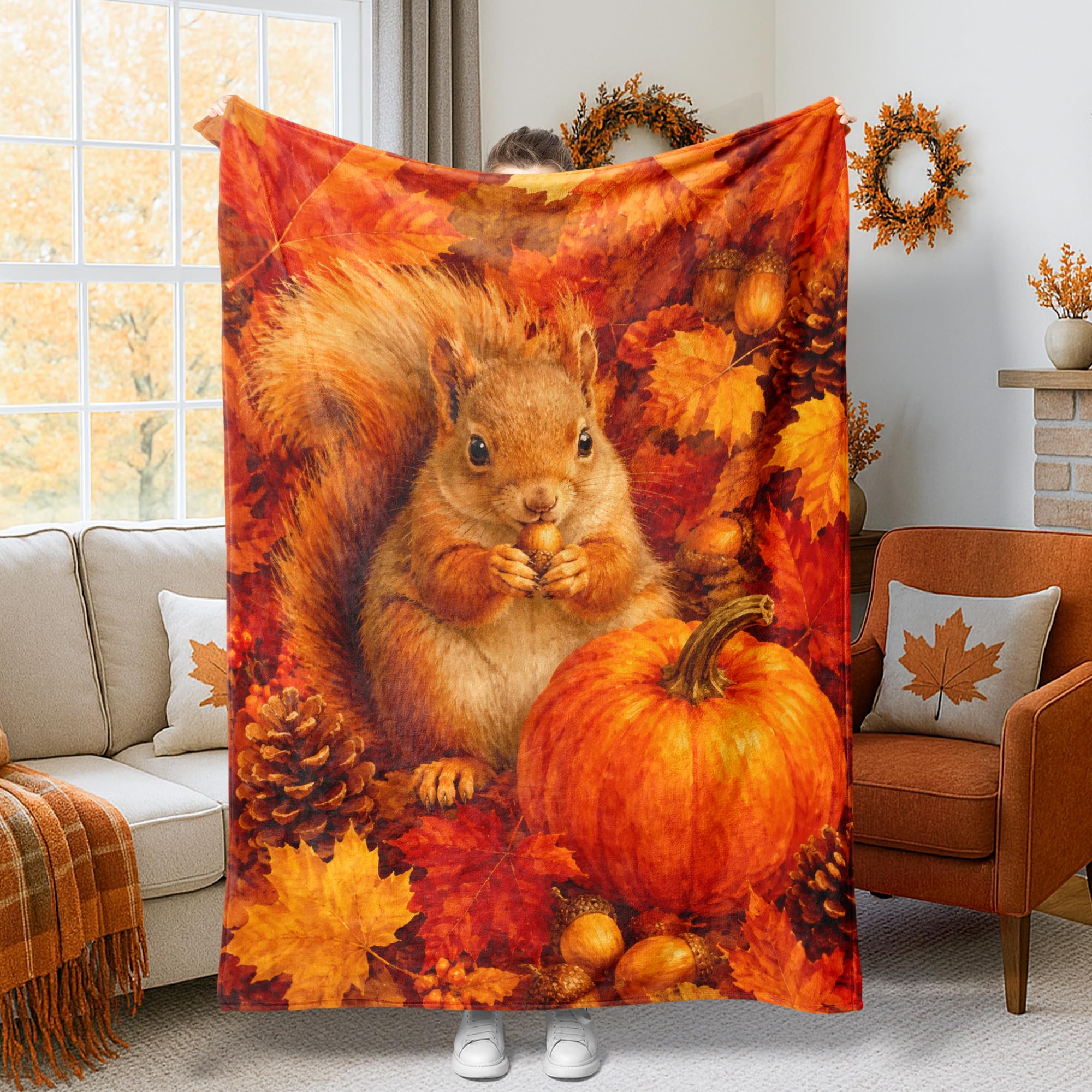 Couverture écureuil rustique et citrouilles - Plaid lit et canapé, tissu pelucheux 127x152