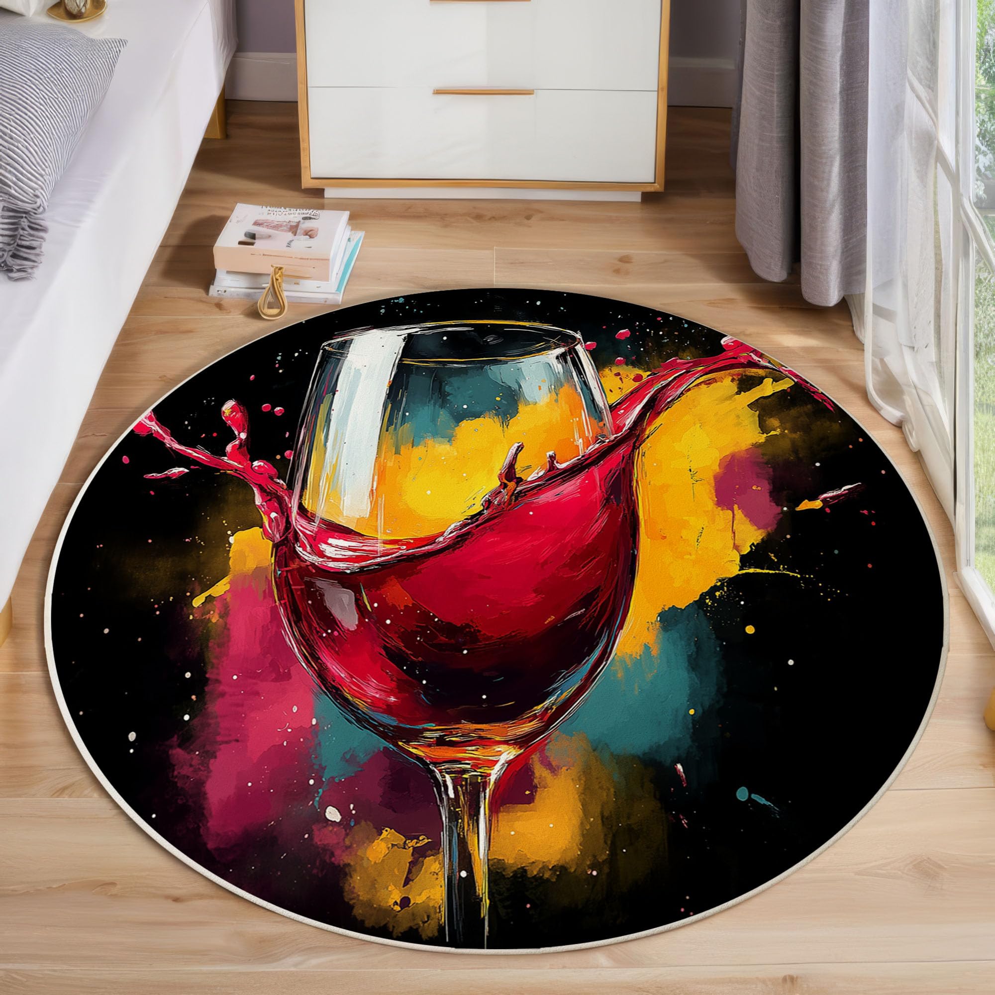 Tapis rond encre vin rouge au design graffiti fin et moquette douce haut de gamme