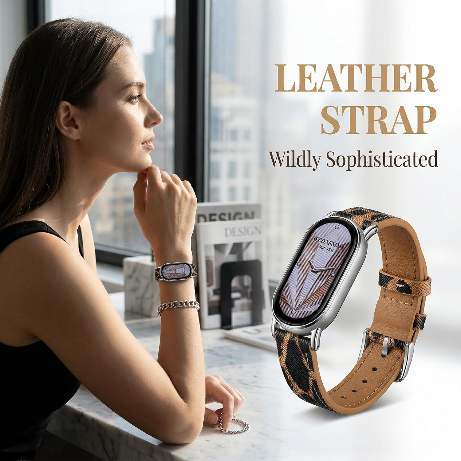 Leather Strap Compatible with Xiaomi Mi Band 10/9/8, Fashion Embossed Pattern Replacement Band with Soft Breathable Leather, Adjustable Wristband for Women for Xiaomi Smart Band 10/9/8 Tracker image 4