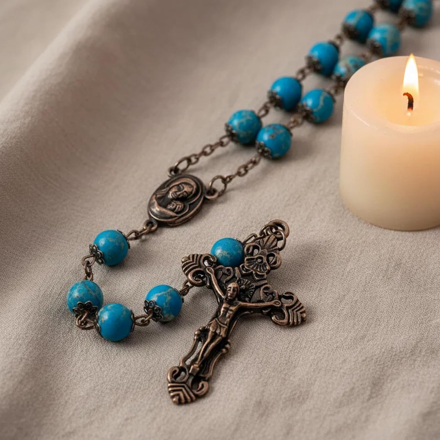 Nazareth Store Blue Jasper Beads Rosary Necklace with Vintage Design, Stone Beaded Rosary for Catholic Prayer Terra Santa Collection Holy Soil Medal Cross Crucifix Religious Jewelry