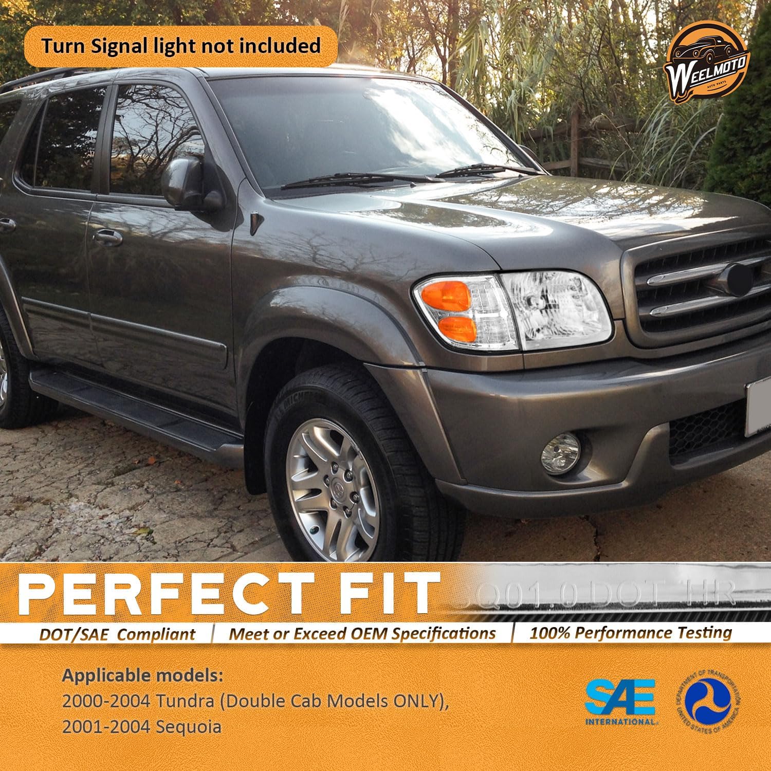 WEELMOTO Headlights Compatible with 2000-2004 Tundra (Double Cab Models ONLY), Headlight For 2001 2002 2003 2004 Sequoia Replacement Automotive Headlamp Chrome Housing Amber Reflector with Bulbs