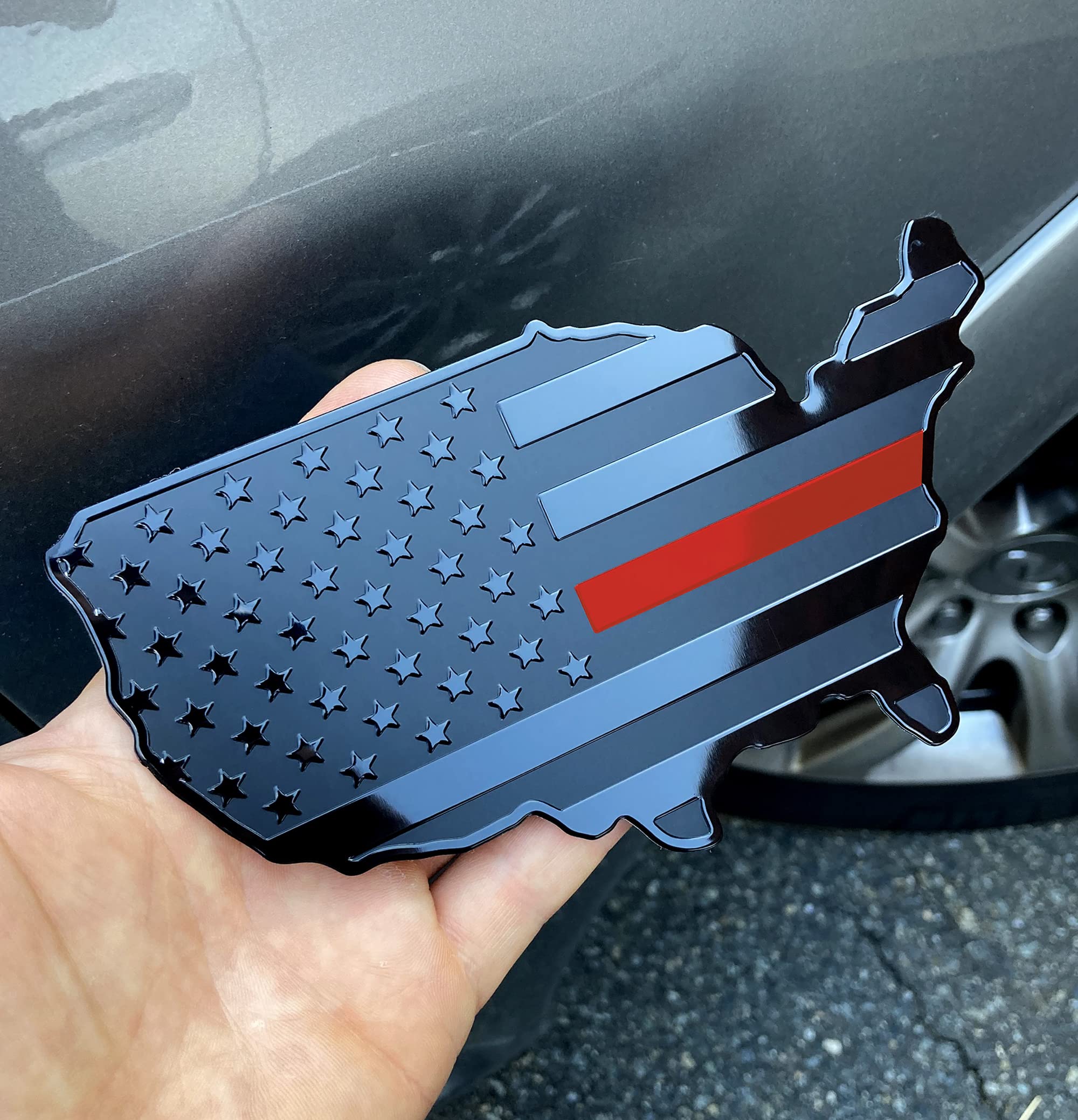 MULL USA Black Flag Map Auto Emblem with RED Line for Cars Trucks 7"x4"