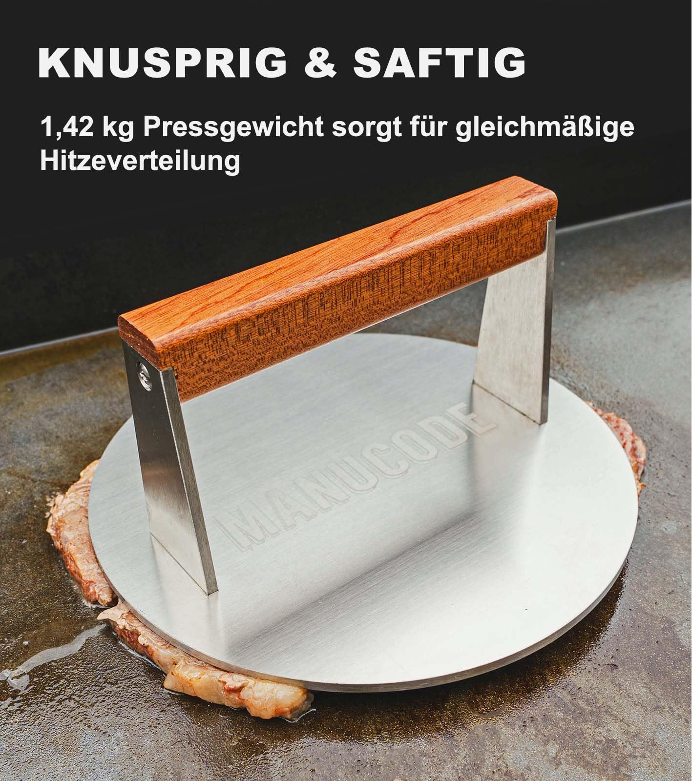 Grill Gewicht aus 304 Edelstahl – Smash Burgerpresse (1,42 kg Ø 20.5 cm) mit Hitzeabweisendem Holzgriff, für Schnelle Kruste auf Burgern & Steaks
