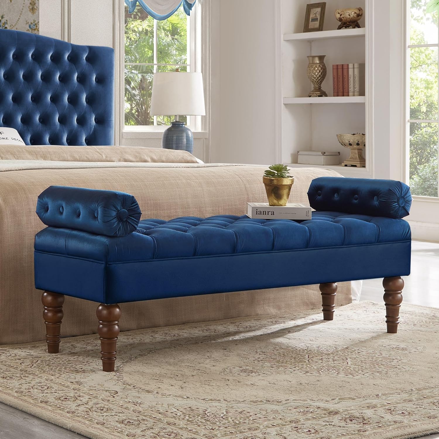 Velvet Upholstered Bed Bench with Tufted Button Design, Rectangular End of Bed Ottoman Bench with Armrests, Long Footrest Bench for Bedroom Entryway Living Room, Navy Blue