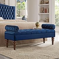 WONSHREE Navy Blue Velvet Tufted Bed Bench with Armrests - Upholstered Ottoman Footrest for Bedroom End, Entryway, Living Room