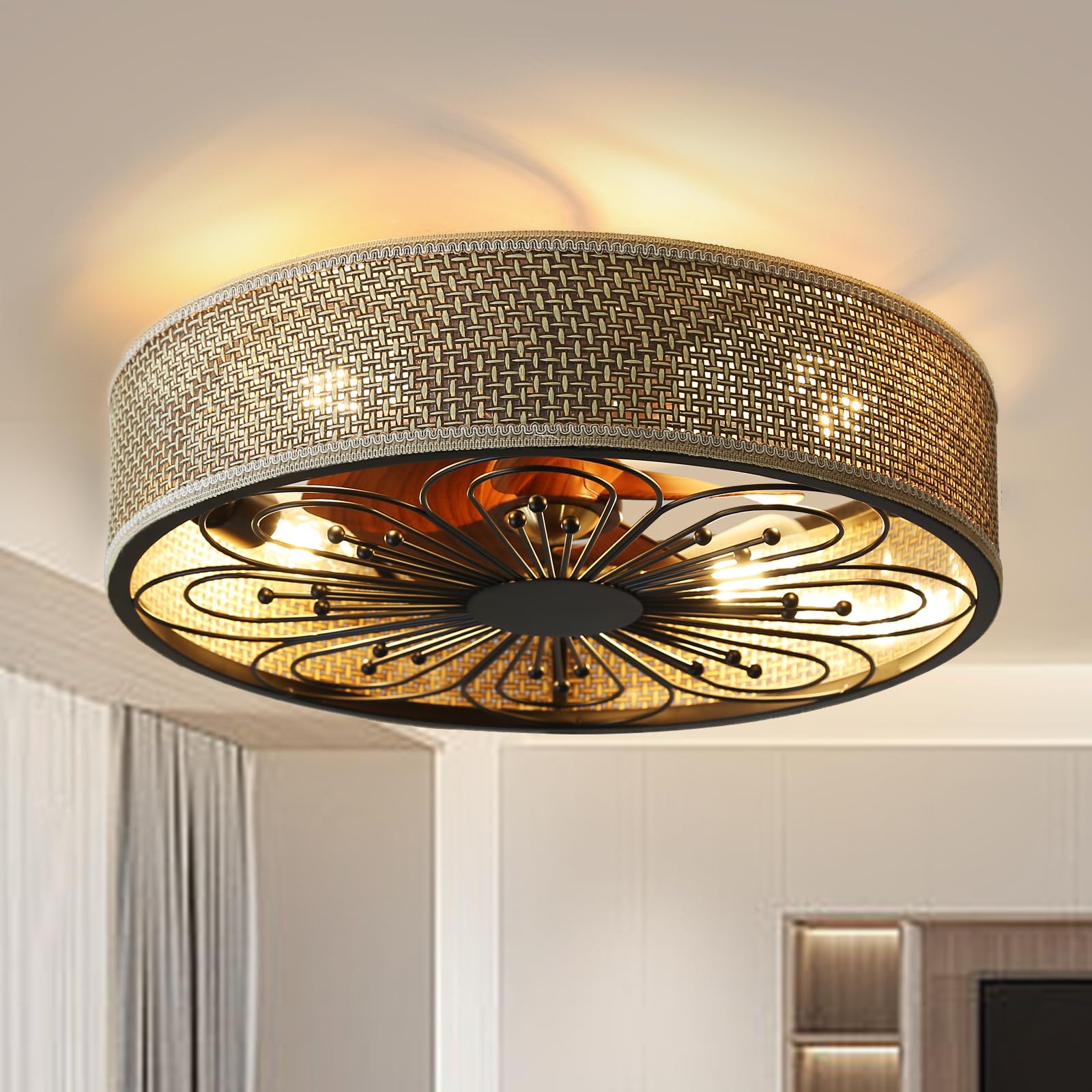 Photo 1 of Boho Caged Ceiling Fan with Light Flush Mount Fandelier Ceiling Fan with Remote Reversible 6 Speeds Motor Dia.20" Rattan Low Profile Enclosed Ceiling Fan, Black Black-Rattan with Lace