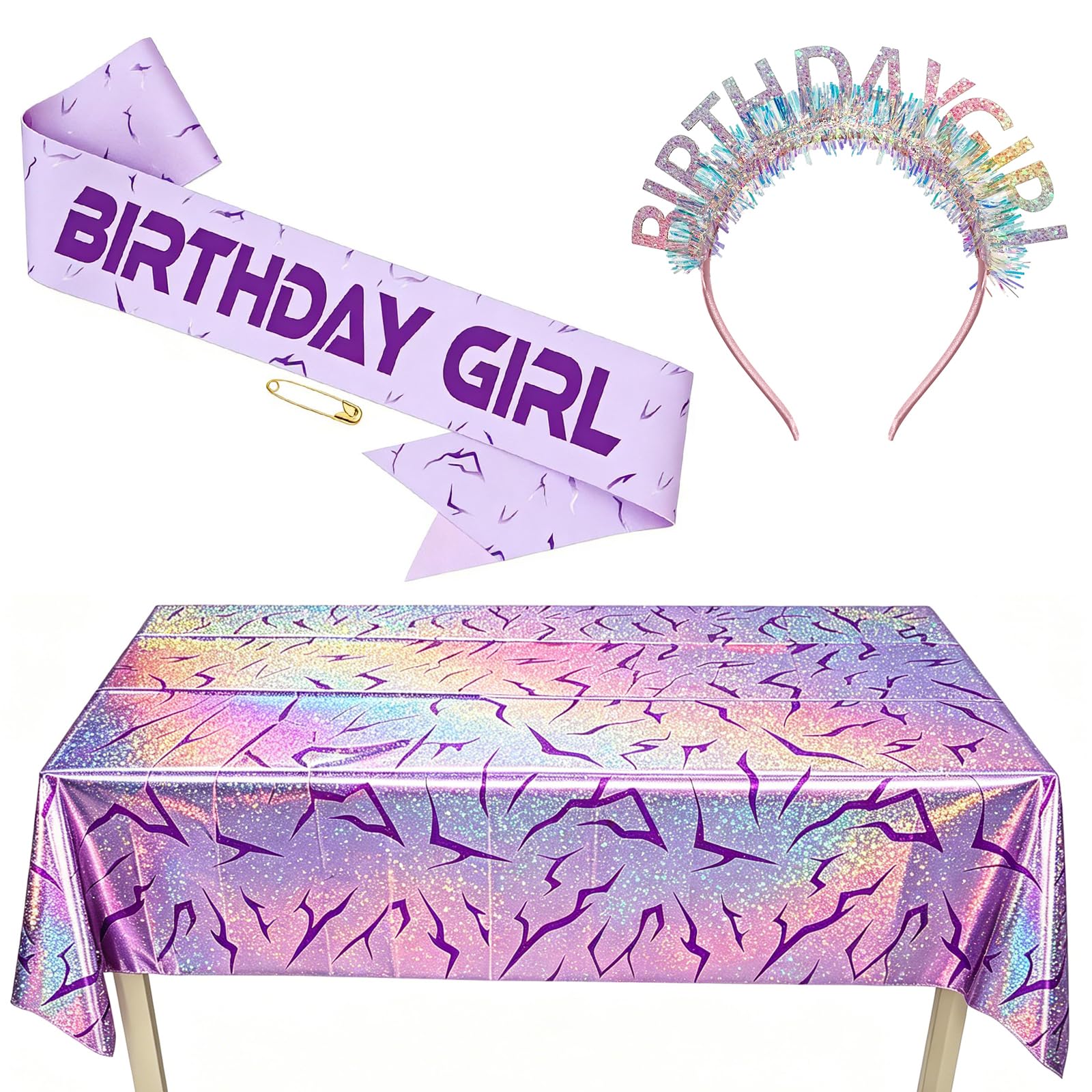 3 PCS Purple Birthday Girl Sash Birthday Girl Headband Glitter Birthday Tablecloth Kpop Birthday Decorations Purple Crack Energy Pattern Tablecloth for Women Girls Party Supplies