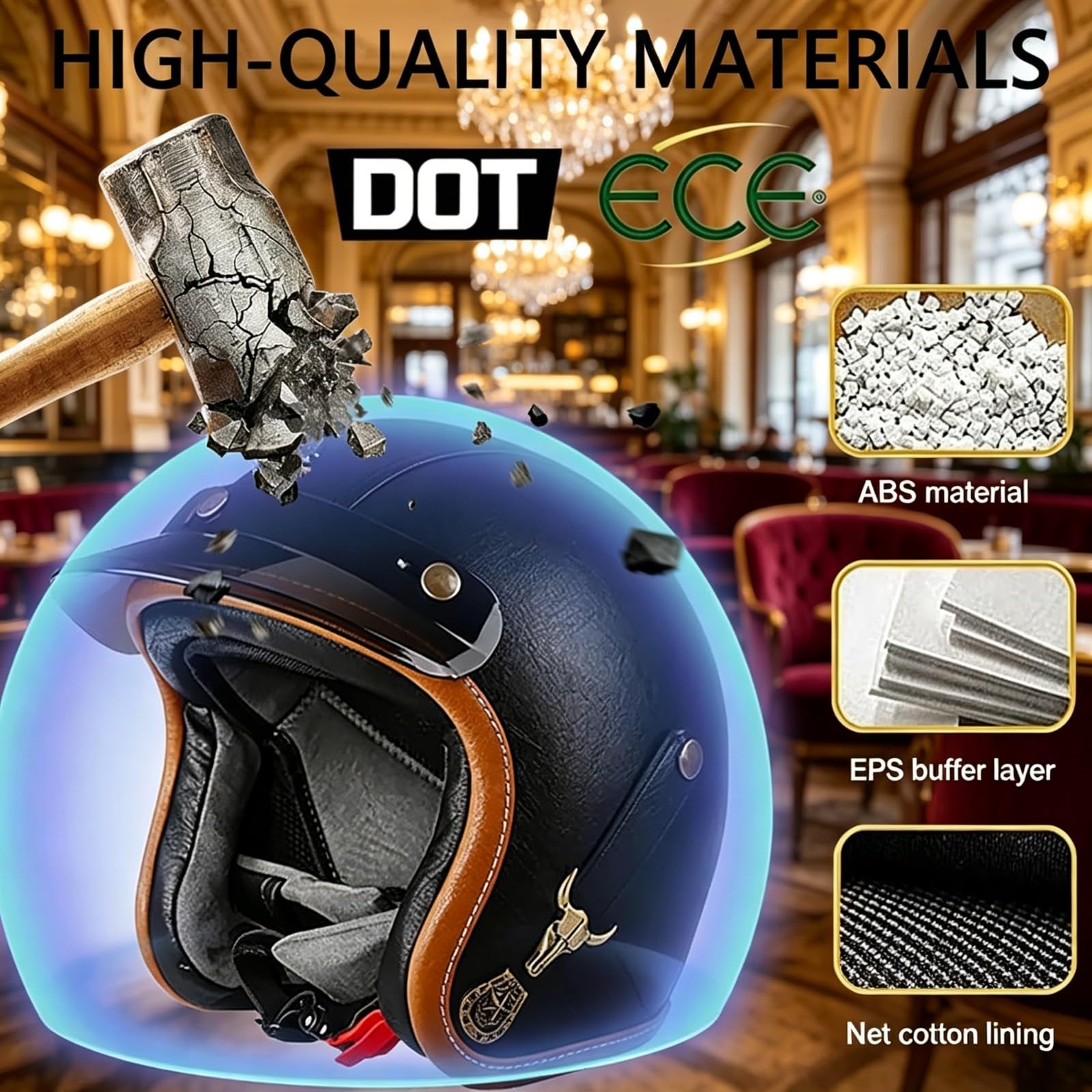 Klasyczny Kask Jet Certyfikat ECE 22.06 & Atest DOT, Dopuszczony do ruchu Kask Motocyklowy Retro Otwarty z Blendą Przeciwsłoneczną, Zewnętrzna Szybka Odczepiana, Klamra Mikrometryczna