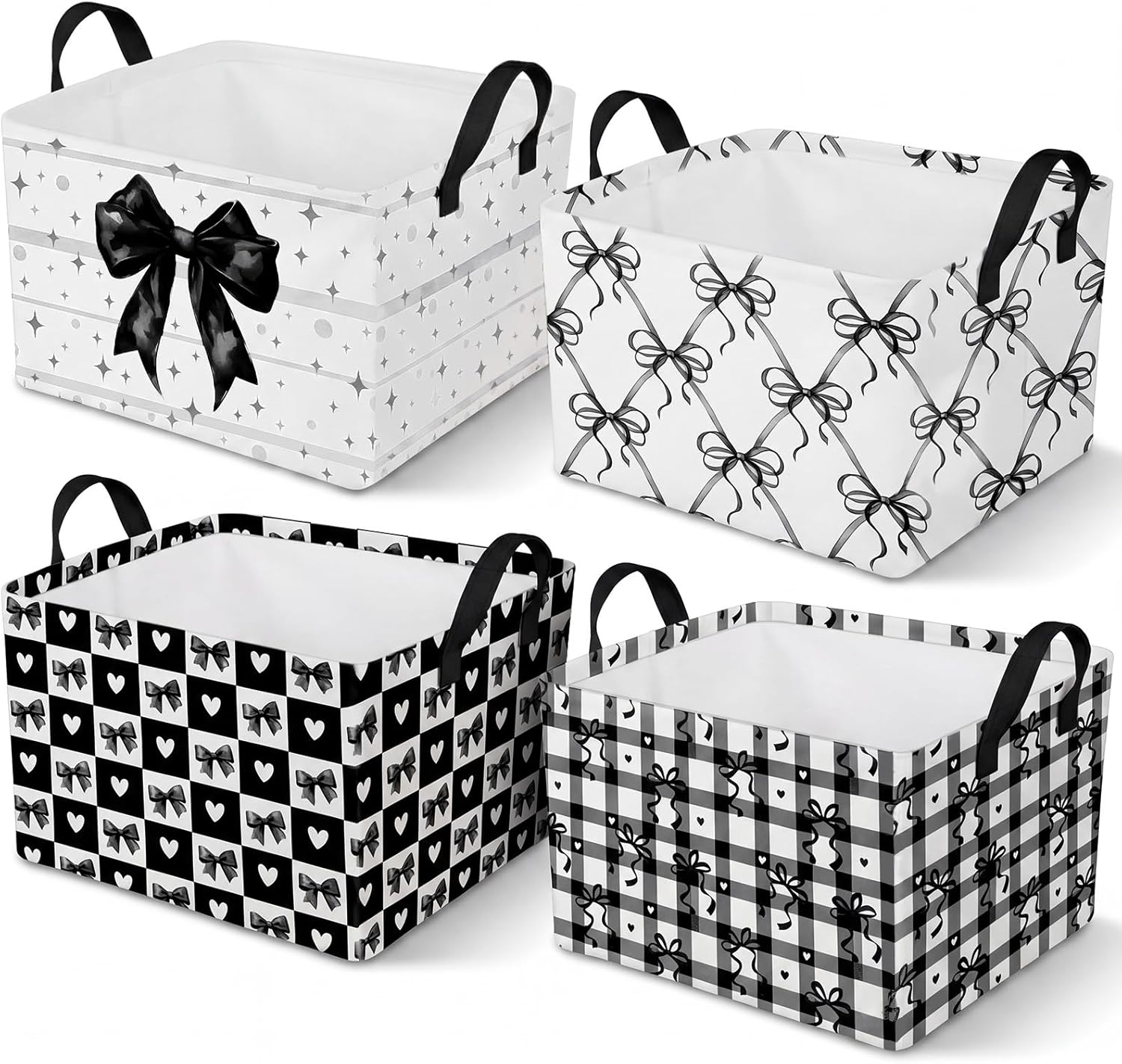 4 Pcs Coquette Black Bow Storage Basket for Gifts Dark Preppy Girly Collapsible Fabric Storage Bins with Handle Foldable Laundry Organizer for Home Bedrooms Baby Clothes Toys Books