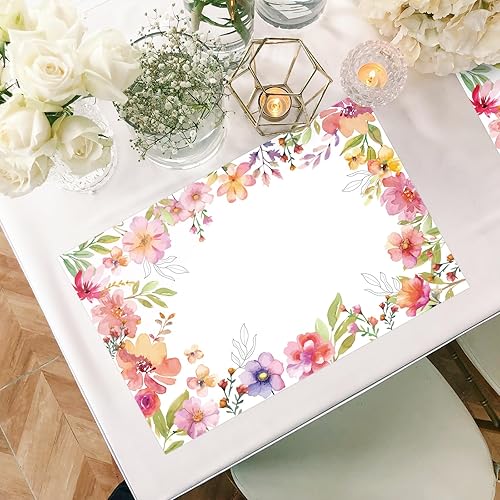 Miniatura 4 de Whaline 50 manteles individuales de papel floral acuarela con flores rosas para mesa de comedor, manteles individuales desechables coloridos para